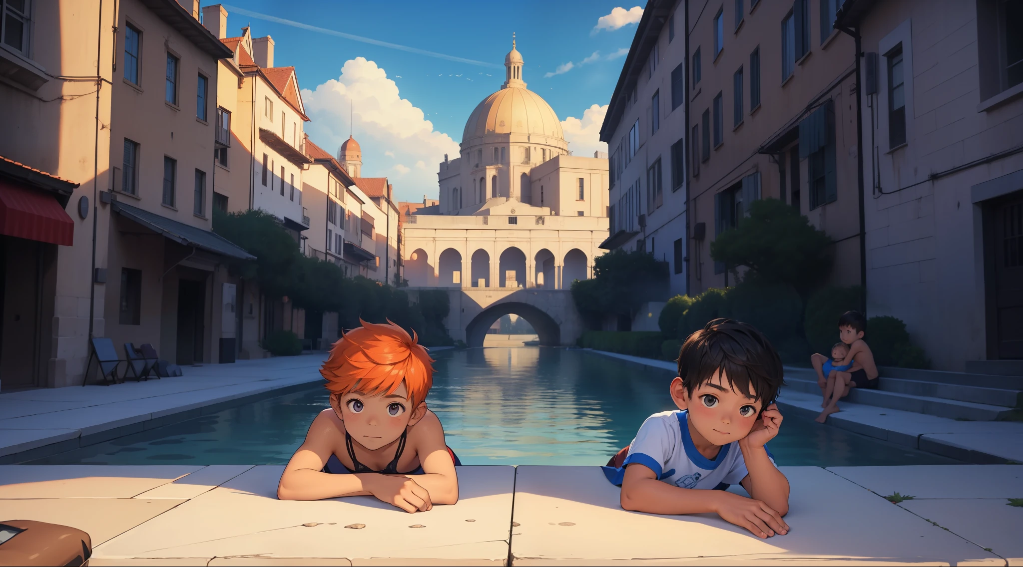 There are two little children, 10 years old, they are two children.. son de la misma edad tienen la misma estatura , There are two handsome 8-year-old boys of the same height looking at each other. They have just met. One has orange hair and the other has silver hair. In the background there is a landscape of modern buildings but also palaces and pyramids., one of the children falls asleep lying on the other's shoulder