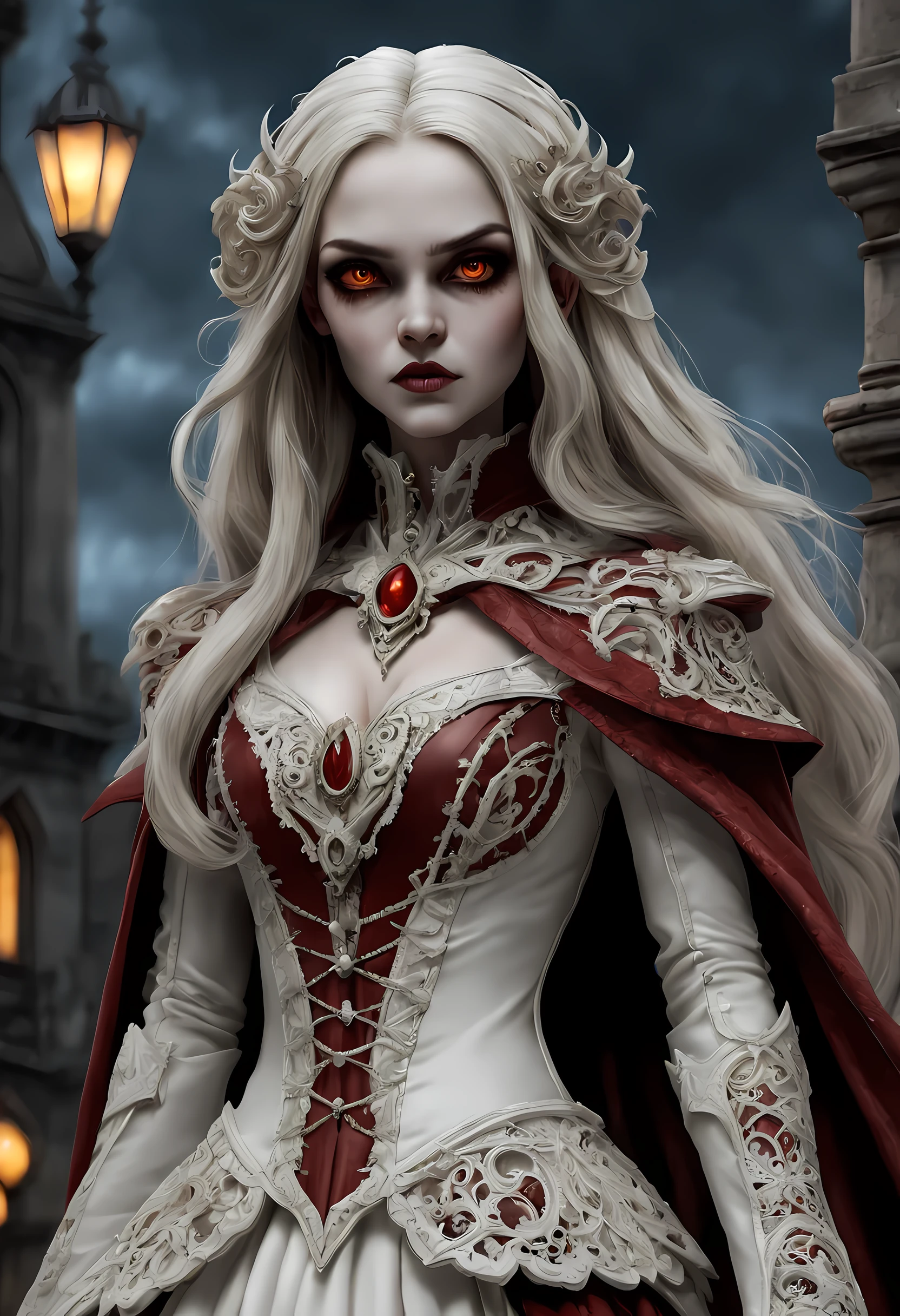 arafed, dark fantasy art, gothic art, (masterpiece:1.5), full body best details, highly detailed, best quality, highres, NeroV2, full body portrait of a vampire, elf (Masterpiece, best quality, ultra feminine: 1.5)  with a long curvy hair, dark color hair, red eyes (fantasy art, Masterpiece, best quality: 1.3), ((beautiful delicate face)), Ultra Detailed Face (intricate details, fantasy art, Masterpiece, best quality: 1.5), [visible vampiric fangs] (intricate details, fantasy art, Masterpiece, best quality: 1.5), [anatomically correct] red cloak, flowing cloak (intense details, fantasy art, Masterpiece, best quality: 1.3), wearing an intricate leather [white] dress (intricate details, gothic art, Masterpiece, best quality: 1.5), high heeled boots, blood dripping on lips, urban background (intense details, beat details), fantasy, at night light, natural ,moon light, soft moon light, moon rays, clouds, gothic atmosphere, gothic street background, bats flying in background, soft light, dynamic light, [[anatomically correct]], high details, best quality, 16k, [ultra detailed], masterpiece, best quality, (extremely detailed), dynamic angle, ultra wide shot, RAW, photorealistic