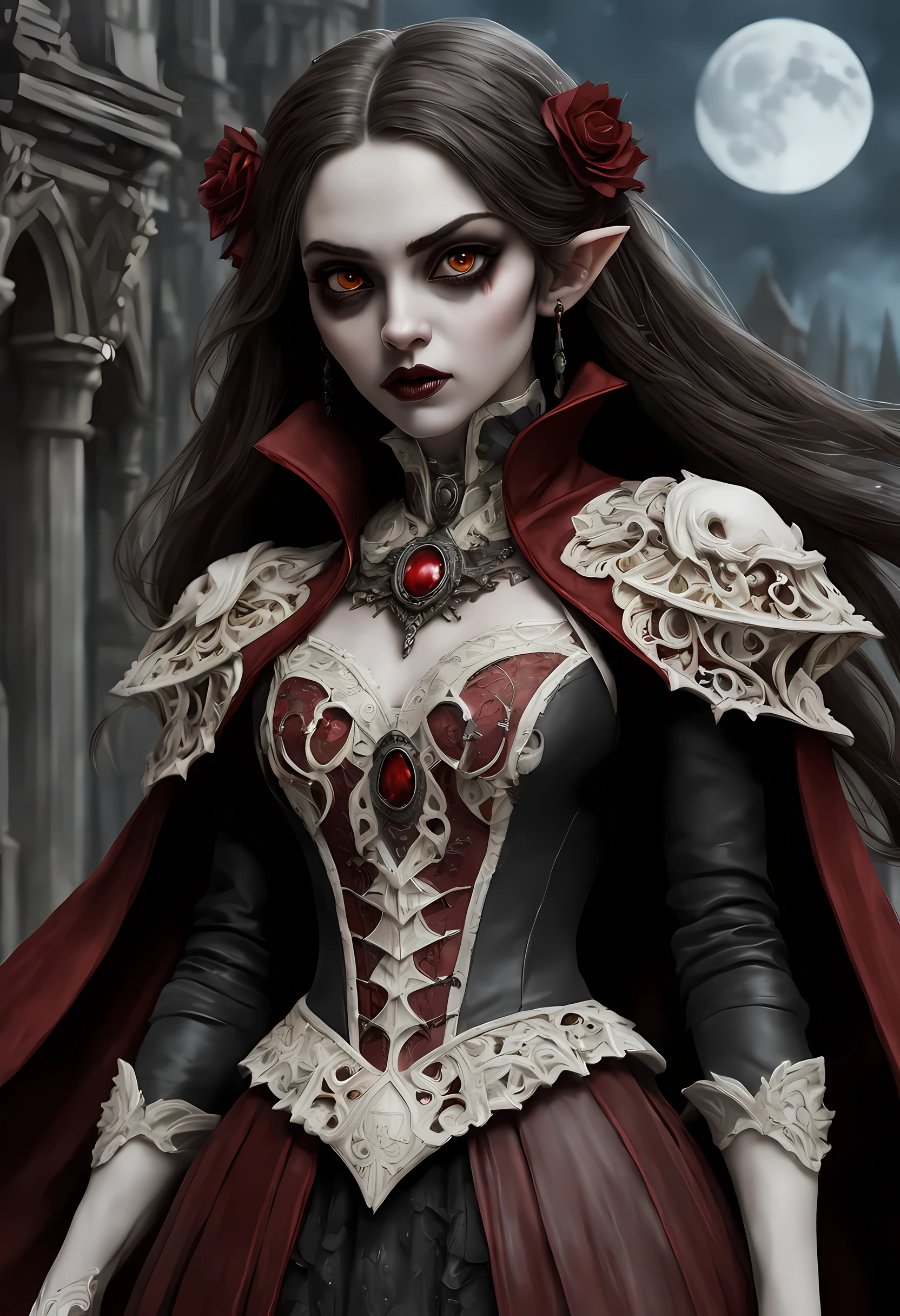 arafed, dark fantasy art, gothic art, (masterpiece:1.5), full body best details, highly detailed, best quality, highres, NeroV2, full body portrait of a vampire, elf (Masterpiece, best quality, ultra feminine: 1.5)  with a long curvy hair, dark color hair, red eyes (fantasy art, Masterpiece, best quality: 1.3), ((beautiful delicate face)), Ultra Detailed Face (intricate details, fantasy art, Masterpiece, best quality: 1.5), [visible vampiric fangs] (intricate details, fantasy art, Masterpiece, best quality: 1.5), [anatomically correct] red cloak, flowing cloak (intense details, fantasy art, Masterpiece, best quality: 1.3), wearing an intricate leather [white] dress (intricate details, gothic art, Masterpiece, best quality: 1.5), high heeled boots, blood dripping on lips, urban background (intense details, beat details), fantasy, at night light, natural ,moon light, soft moon light, moon rays, clouds, gothic atmosphere, gothic street background, bats flying in background, soft light, dynamic light, [[anatomically correct]], high details, best quality, 16k, [ultra detailed], masterpiece, best quality, (extremely detailed), dynamic angle, ultra wide shot, RAW, photorealistic