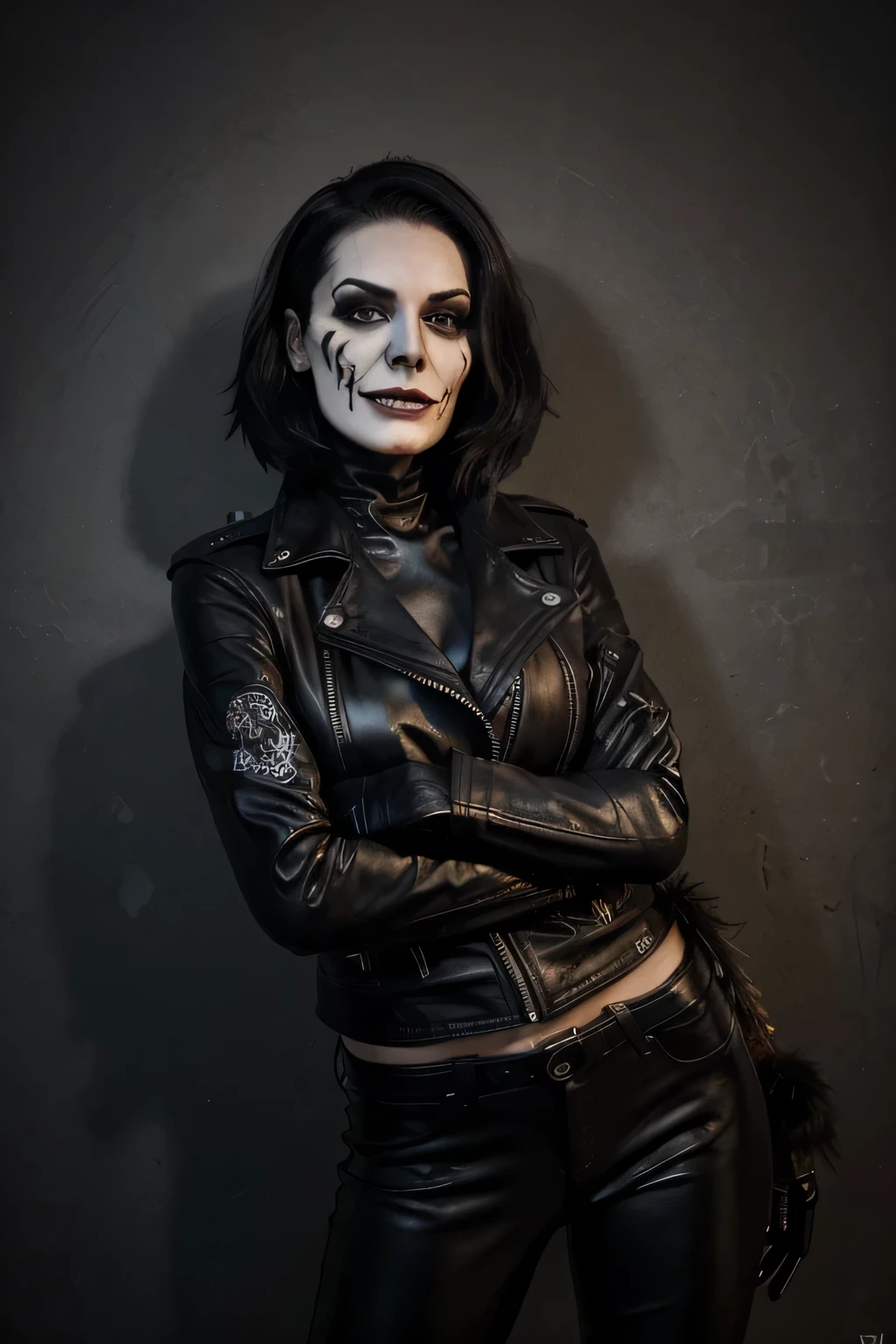 A dark and alluring 75 year old female super villain (skull face paint), her tall skinny figure draped in a leather jacket with feathers and fur, her evil laugh belying her true intentions as she plots her next diabolical scheme, black hair with shaven undercut, latex gloves