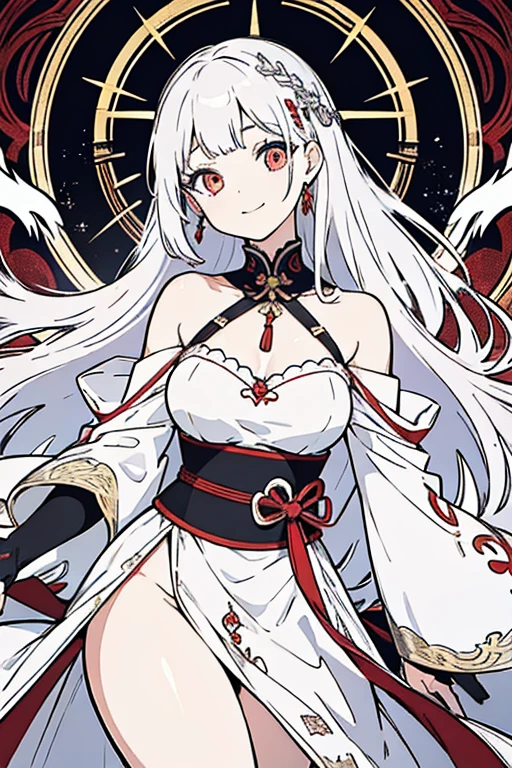 anime,animation,best quality, ultra high res, higly detailed, 4k,masterpiece, best quality, official art, highly detailed, illustration, 1 girl, white hair, long hair, detailed eyes,red eyes,bare,enlightenment style clothes,pure, soft,15year,korean,korea, glamour,sexy,open shoulder,smile