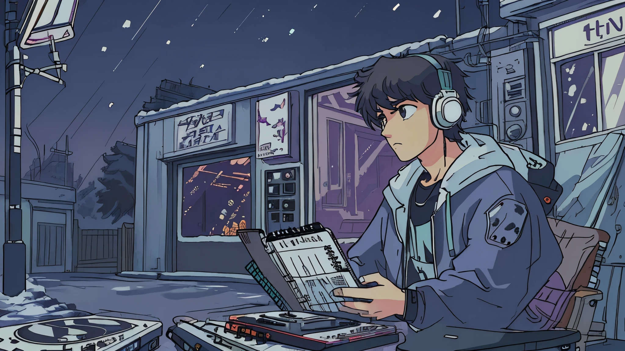 Shot of man listening to music with headphones, Text Why you, Super detailed, retro waves, cyber punk, sad atmosphere, night light through the window, night vibes, room, 2D, (long shot), wide shot, (film noise), Old cartoons, (lots of records:1.3), vinyl record shop, (masterpiece, highest quality, highest quality, official art, beautiful and aesthetic: 1.2), (very detailed, (fractal art: 1.4), guitar, (notebook: 1.4), ( Lo-Fi Hip Hop), Side view, Old anime textures, alone, speakers, cyber punk, vinyl, night,A man waits under a silver street light,The season is winter,it's snowing