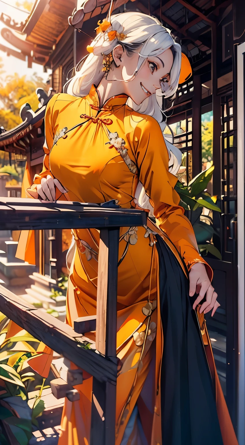 (Official art、Best Quality、Unity 8k Wallpapers、32K、masterpiece、ultra-detailliert、超A high resolution、realisitic、Photorealsitic、Very ridiculous:1.2)、(Cinematic lighting:1.2), ((Background is pagoda at morning :1.5)、Best Shadows、Rim lighting、side lights、(Ultra-detailed and complex 3D rendering)、Detailed beautiful face and eyes、Sharp pupils、Realistic pupils、A slender、1Girl 、Medium bust、 beauitful face、(16-year-old beautiful girl)、((Small breast:1.5, smallchest:1.5)), (super detailed skin、detailed skin textures:1.3)、((White hair:1.5)) ,(shoulder long hair:1.5).((Modern Vietnamese Aodai :1.5)) , ( heavy and unique Vietnamese Aodai:1.5) , (wearing a Orange peel colored Vietnamese Aodai:1.5),(Hunyadi yellow decorative motifs of Aodai:1.5),(enjoy expression:1.5) , ((enjoy smile:1.5)) , ((look towards the viewer))
