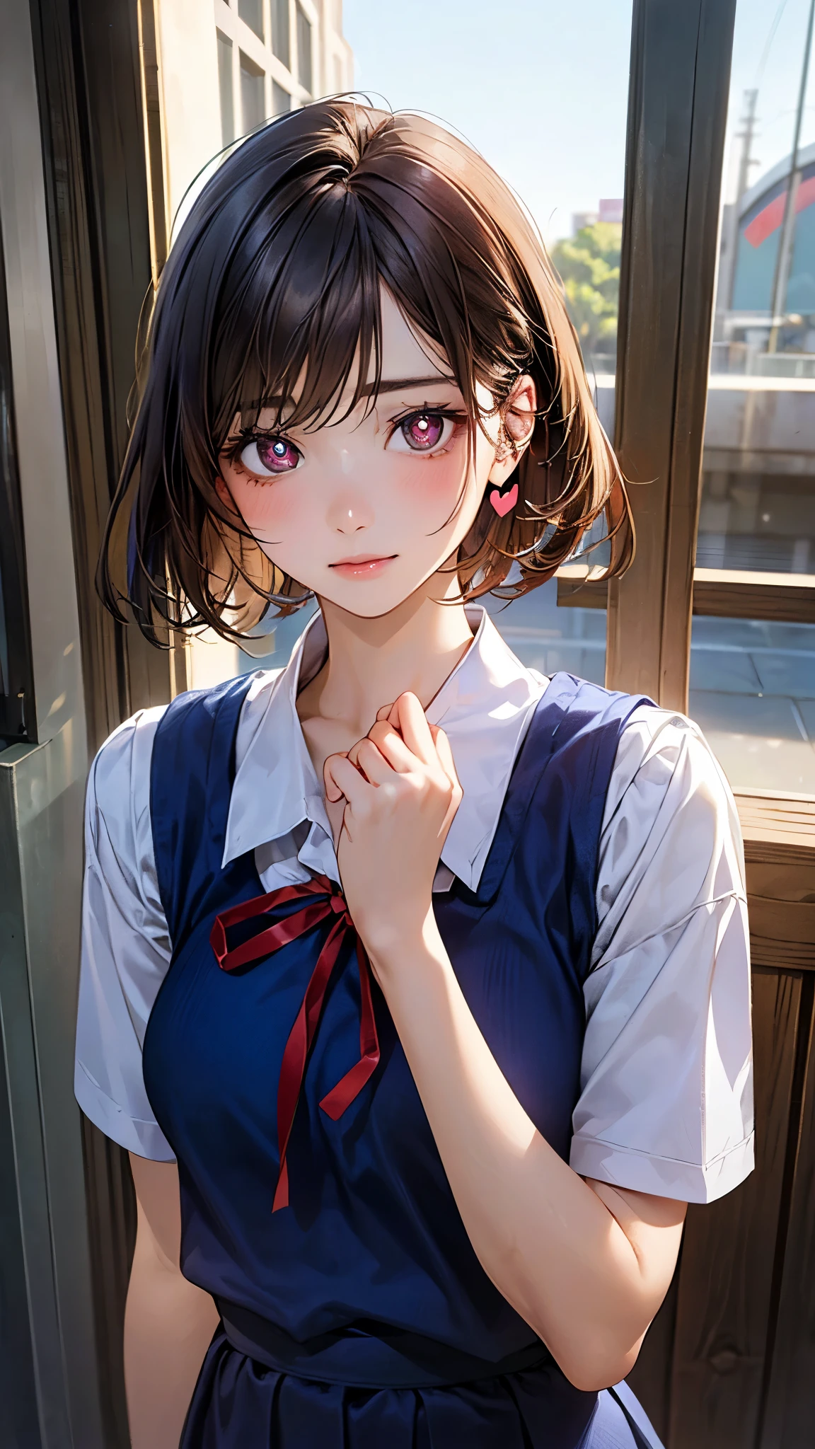 (masterpiece:1.2, top-quality), (realistic, photorealistic:1.4), beautiful illustration, (natural side lighting, movie lighting), nsfw, 
looking at viewer, face focus, upper body, 1 girl, japanese, high school girl, perfect face, cute and symmetrical face, shiny skin, 
(short hair:1.7, straight hair:1.2, brown hair), swept bangs, dark brown eyes, drooping eyes, long eye lasher, (medium breasts), slender, 
beautiful hair, beautiful face, beautiful detailed eyes, beautiful clavicle, beautiful body, beautiful chest, beautiful thigh, beautiful legs, beautiful fingers, 
((detailed cloth texture, short sleeves white collared shirts, navy blue school dress, red neck ribbon)), 
(beautiful scenery), winter, evening, (outdoors), , (heart shaped pupils, in heat, aroused), 