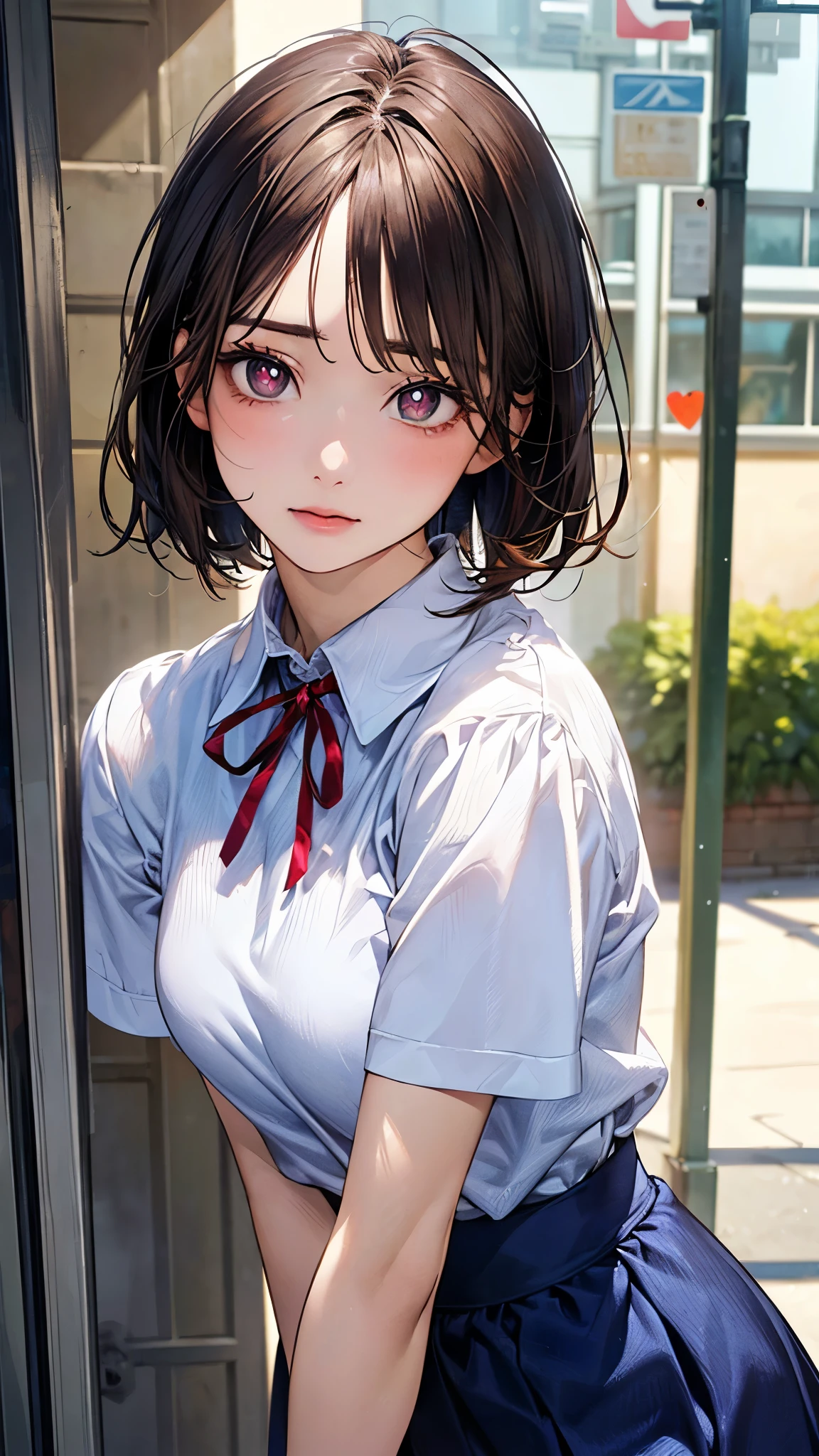 (masterpiece:1.2, top-quality), (realistic, photorealistic:1.4), beautiful illustration, (natural side lighting, movie lighting), nsfw,
looking at viewer, face focus, upper body, 1 girl, japanese, high school girl, perfect face, cute and symmetrical face, shiny skin,
(short hair:1.7, straight hair:1.2, brown hair), swept bangs, dark brown eyes, drooping eyes, long eye lasher, (medium breasts), slender,
beautiful hair, beautiful face, beautiful detailed eyes, beautiful clavicle, beautiful body, beautiful chest, beautiful thigh, beautiful legs, beautiful fingers,
((detailed cloth texture, short sleeves white collared shirts, navy blue school dress, red neck ribbon)),
(beautiful scenery), winter, evening, (outdoors), , (heart shaped pupils, in heat, aroused),