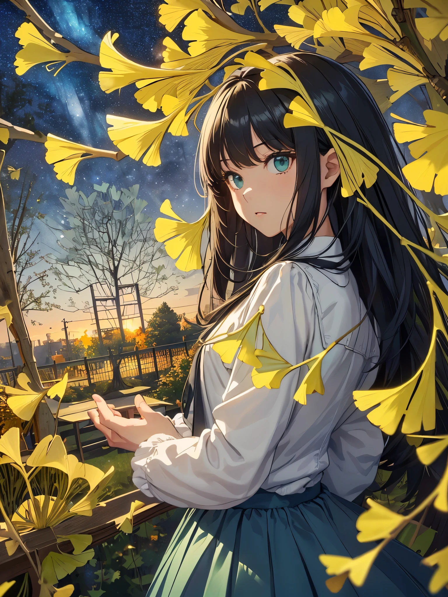 highest quality, table top, beautiful mature women、beautiful face、strong-willed woman、(blue long skirt、white coat、black long sleeve)、black hair、(green eyes)、long hair、smaller eyes、(((Ginkgo tree with autumn leaves、Ginkgo tree)))、(night view、starry sky:1.5)、street light