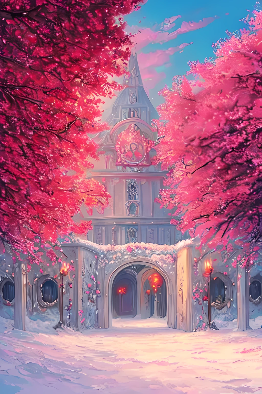 masterpiece ultra-detailed high quality digital painting in anime style of a bush of vibrant elegant red roses covered with bluish sparkling crystallized frost, whole scene seems incredibly majestic and ethereal, the contrast of red against the white creates an enchanting atmosphere