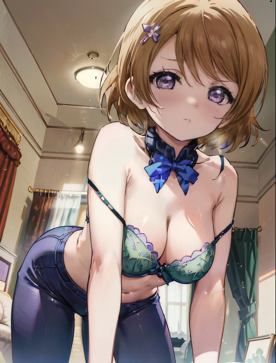 Hanayo Koizumi,Hanayo Koizumi lovelive,short hair, brown hair, (purple eyes:1.5) (big breasts:1.2),looking at the viewer, heart-shaped eyes, simultaneous, blush,show viewer, from below, concentrated, Beyond the particles of light, love hotel bedroom, Green Bra,Green garter belt,green string underwear,Green tights,crawl on all fours,
breaking looking at viewer,
destroy indoors, Destroy indoors (masterpiece:1.2), highest quality, High resolution, unity 8k wallpaper, (figure:0.8), (beautiful and fine eyes:1.6), highly detailed face, perfect lighting, Very detailed CG, (perfect hands, perfect anatomy),