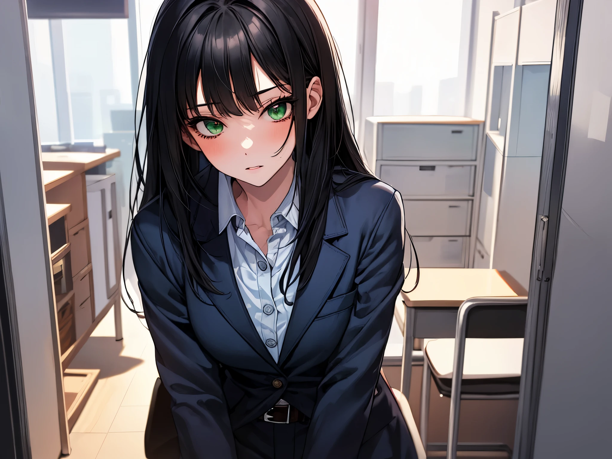 masterpiece, highest quality, 1 girl, green eyes、long black hair, blue blazer, Formal shirts, belt, inside the office