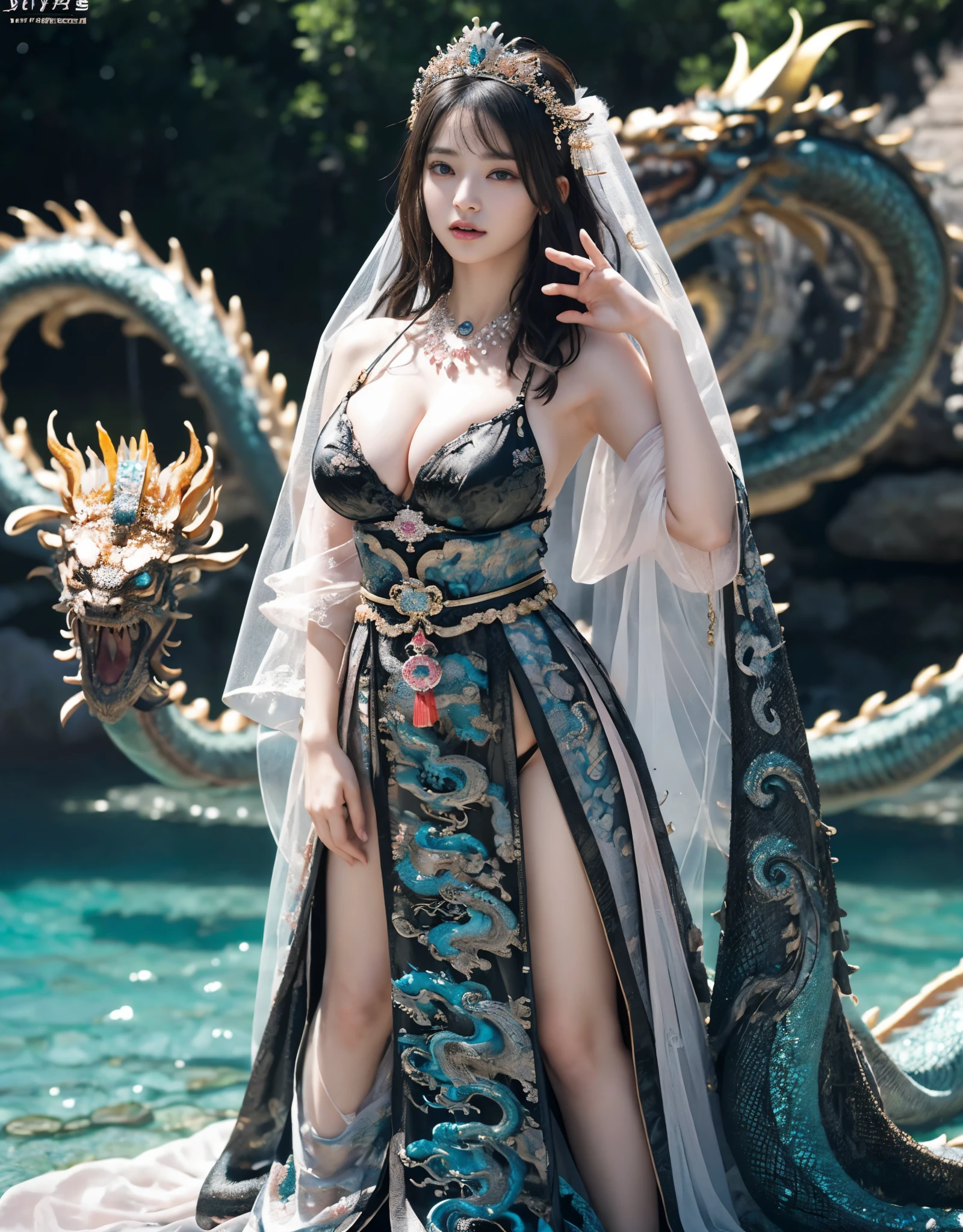 (extremely heavy breasts)、highest quality、masterpiece、ultra high resolution、(ice dragon armor)、(((Metal製))),(((big breasts)))、(((Detailed revealing pink micro bikini))),(she wears a beautiful crown made of precious stones.),(Photoreal:1.4)、RAW photo、1 girl、(((random hair))、(((color々take a pose)))、glowing skin、(((black chinese dragon)))、intricate and gorgeous hair ornaments、(Looks like a gorgeous jewelry necklace)、(someone who looks at you calmly, Eyes like a goddess.)happiness:1.2).((beautiful sea background))、cliff、(ruins background)、((Super realistic details))、portrait、global illumination、(sexy pose)、Shadow、octane rendering、16K、big breasts、Raw skin exposed in the cleavage、Metal、intricate decorative details、Japan details、very intricate details、realistic light、CG Society Trenlow Eyes、Eyes shining towards the camera、(veil)、(((heavy big))),Shining eyes shine、armpit、24K,