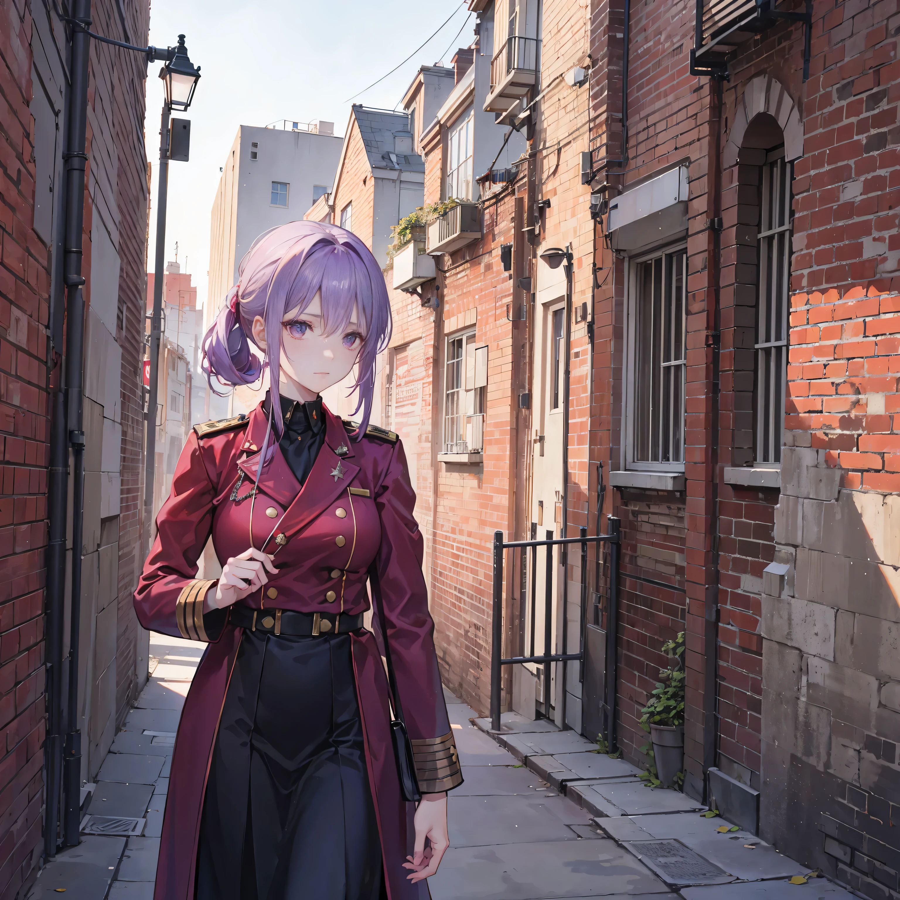 In a city that has experienced war，There are ruins and smoke everywhere，A gentle-looking purple-haired woman is leaning against the red brick wall，She is wearing a red and black military uniform，The epaulettes identified her as a colonel.，She looked helplessly into the distance