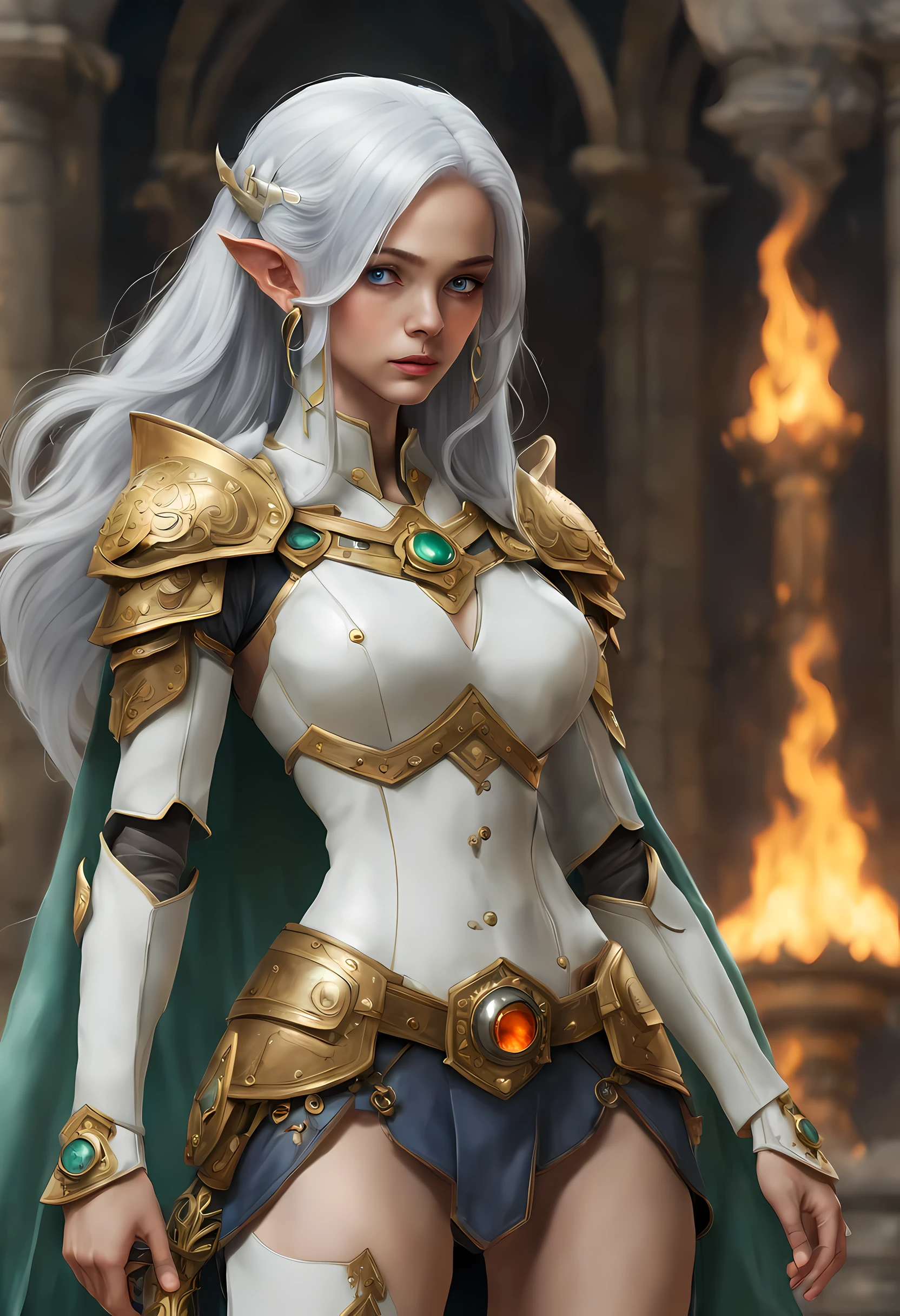 fantasy art, dnd art, RPG art, wide shot, (masterpiece: 1.4) a (portrait: 1.3) intense details, highly detailed, photorealistic, best quality, highres, portrait a female (fantasy art, Masterpiece, best quality: 1.3) ((blue skin: 1.5)), intense details facial details, exquisite beauty, (fantasy art, Masterpiece, best quality) cleric, (blue: 1.3) skinned female, (white hair: 1.3), long hair, intense (green: 1.3) eye, fantasy art, Masterpiece, best quality) armed a fiery sword red fire, wearing heavy (white: 1.3) half plate mail armor, wearing high heeled laced boots, wearing an(orange :1.3) cloak, wearing glowing holy symbol GlowingRunes_yellow, within fantasy temple background, reflection light, high details, best quality, 16k, [ultra detailed], masterpiece, best quality, (extremely detailed), close up, ultra wide shot, photorealistic, RAW, fantasy art, dnd art, fantasy art, realistic art,((best quality)), ((masterpiece)), (detailed), perfect face, ((no ears: 1.6))