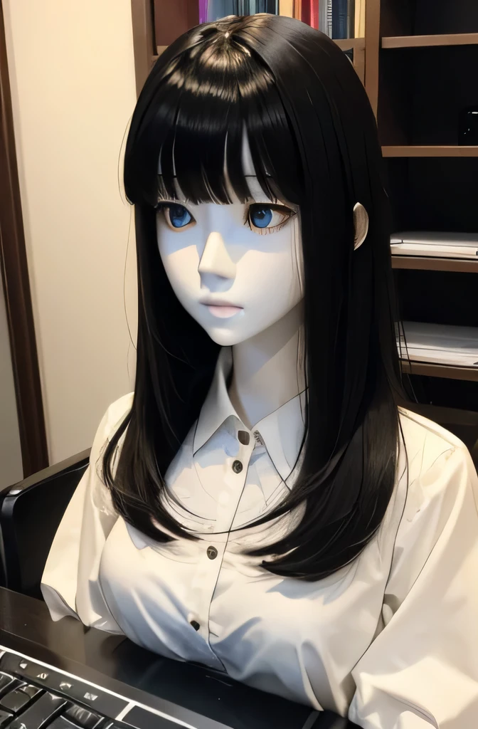 1 full body mannequin,That mannequin is Erika Ikuta.,That mannequin is 40 years old.,mannequin color&#39;my face is white.,mannequin color&#39;The body is pure white.,That mannequin has a thin and small face..,The mannequin has black hair(very flat straight hair,bangs),mannequin color&#39;eyes are black.,mannequin is wearing a girl&#39; high school uniform.,A mannequin is touching a computer
