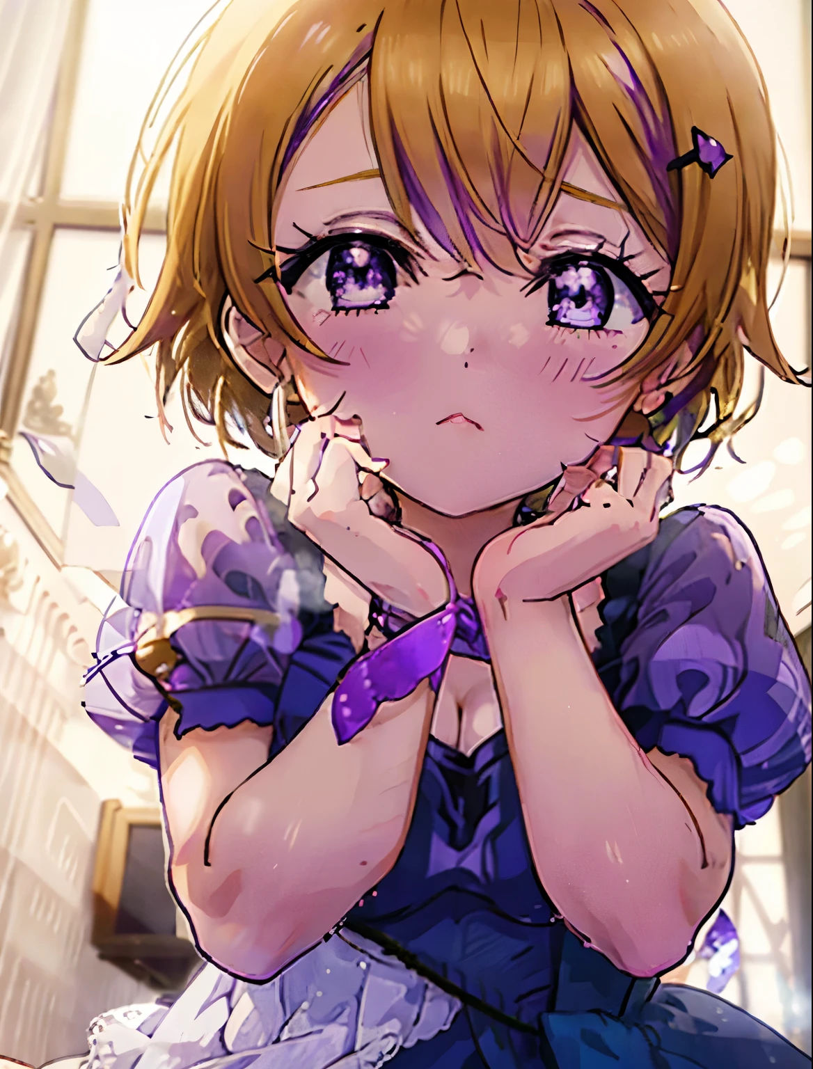  Hanayo Koizumi,Hanayo Koizumi　lovelive,short hair, brown hair, (purple eyes:1.5) (big breasts:1.2),looking at the viewer, heart-shaped eyes, simultaneous,  blush，show viewer, from below, concentrated, Beyond the particles of light, love hotel bedroom, Green Bra，Green garter belt，green string underwear，Green tights，crawl on all fours,
breaking looking at viewer,
destroy indoors, Destroy indoors (masterpiece:1.2), highest quality, High resolution, unity 8k wallpaper, (figure:0.8), (beautiful and fine eyes:1.6), highly detailed face, perfect lighting, Very detailed CG, (perfect hands, perfect anatomy),