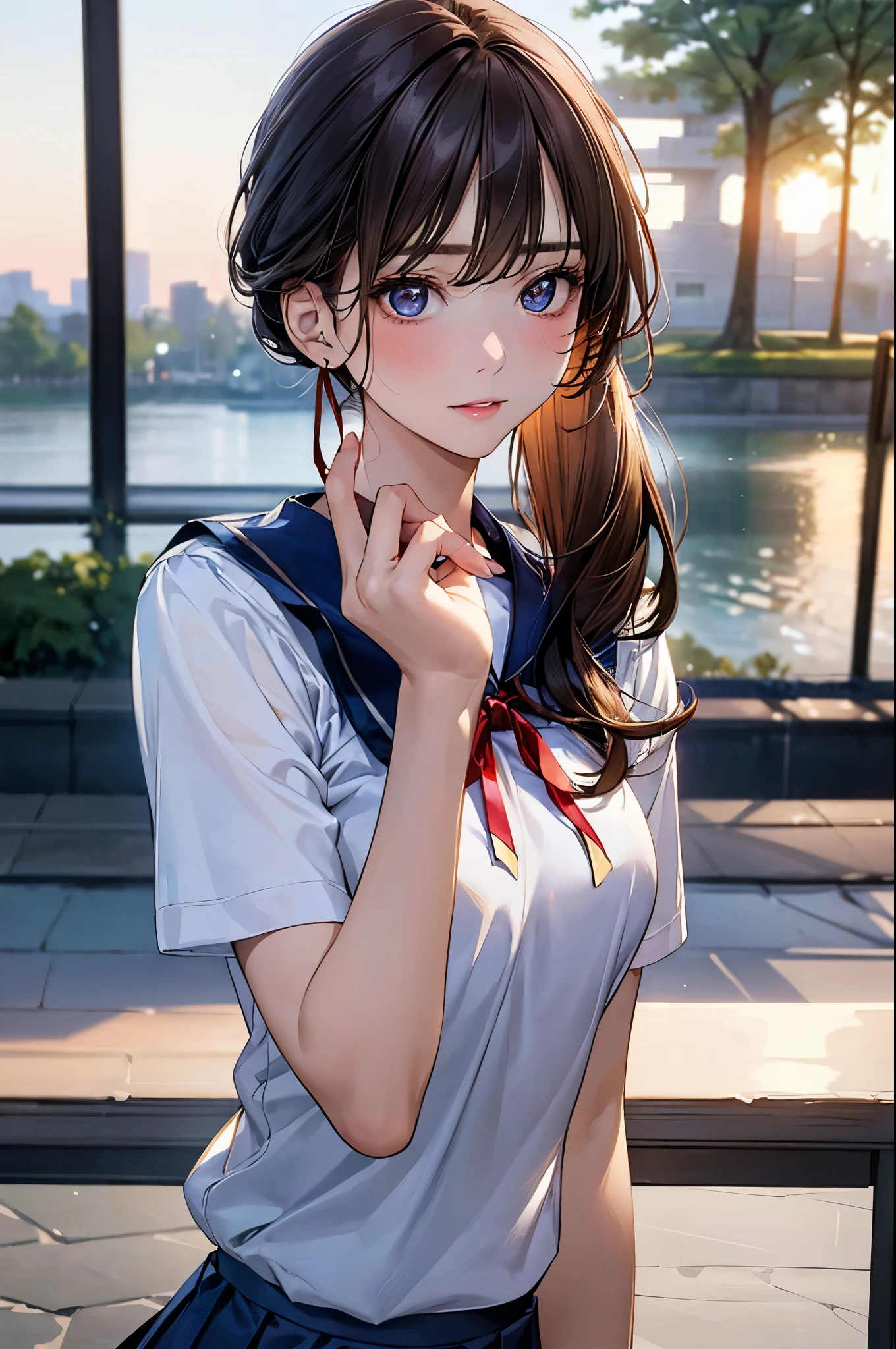 (masterpiece:1.2, top-quality), (realistic, photorealistic:1.4), beautiful illustration, (natural side lighting, movie lighting), nsfw,
looking at viewer, face focus, upper body, 1 girl, japanese, high school girl, perfect face, cute and symmetrical face, shiny skin,
(middle hair:1.7, side ponytail:1.2, light brown hair), swept bangs, blue eyes, drooping eyes, long eye lasher, (medium breasts), slender,
beautiful hair, beautiful face, beautiful detailed eyes, beautiful clavicle, beautiful body, beautiful chest, beautiful thigh, beautiful legs, beautiful fingers,
((detailed cloth texture, short sleeves white collared shirts, navy blue pleated mini skirt, red neck ribbon)),
(beautiful scenery), winter, evening, (outdoors), , (heart shaped pupils, in heat, aroused),