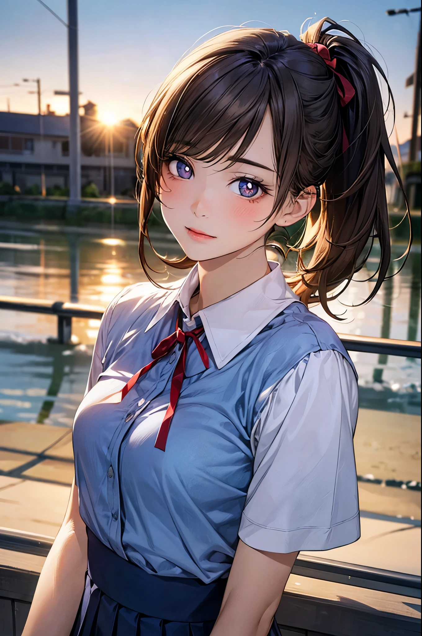 (masterpiece:1.2, top-quality), (realistic, photorealistic:1.4), beautiful illustration, (natural side lighting, movie lighting), nsfw,
looking at viewer, face focus, upper body, 1 girl, japanese, high school girl, perfect face, cute and symmetrical face, shiny skin,
(middle hair:1.7, side ponytail:1.2, light brown hair), swept bangs, blue eyes, drooping eyes, long eye lasher, (medium breasts), slender,
beautiful hair, beautiful face, beautiful detailed eyes, beautiful clavicle, beautiful body, beautiful chest, beautiful thigh, beautiful legs, beautiful fingers,
((detailed cloth texture, short sleeves white collared shirts, navy blue pleated mini skirt, red neck ribbon)),
(beautiful scenery), winter, evening, (outdoors), , (heart shaped pupils, in heat, aroused),