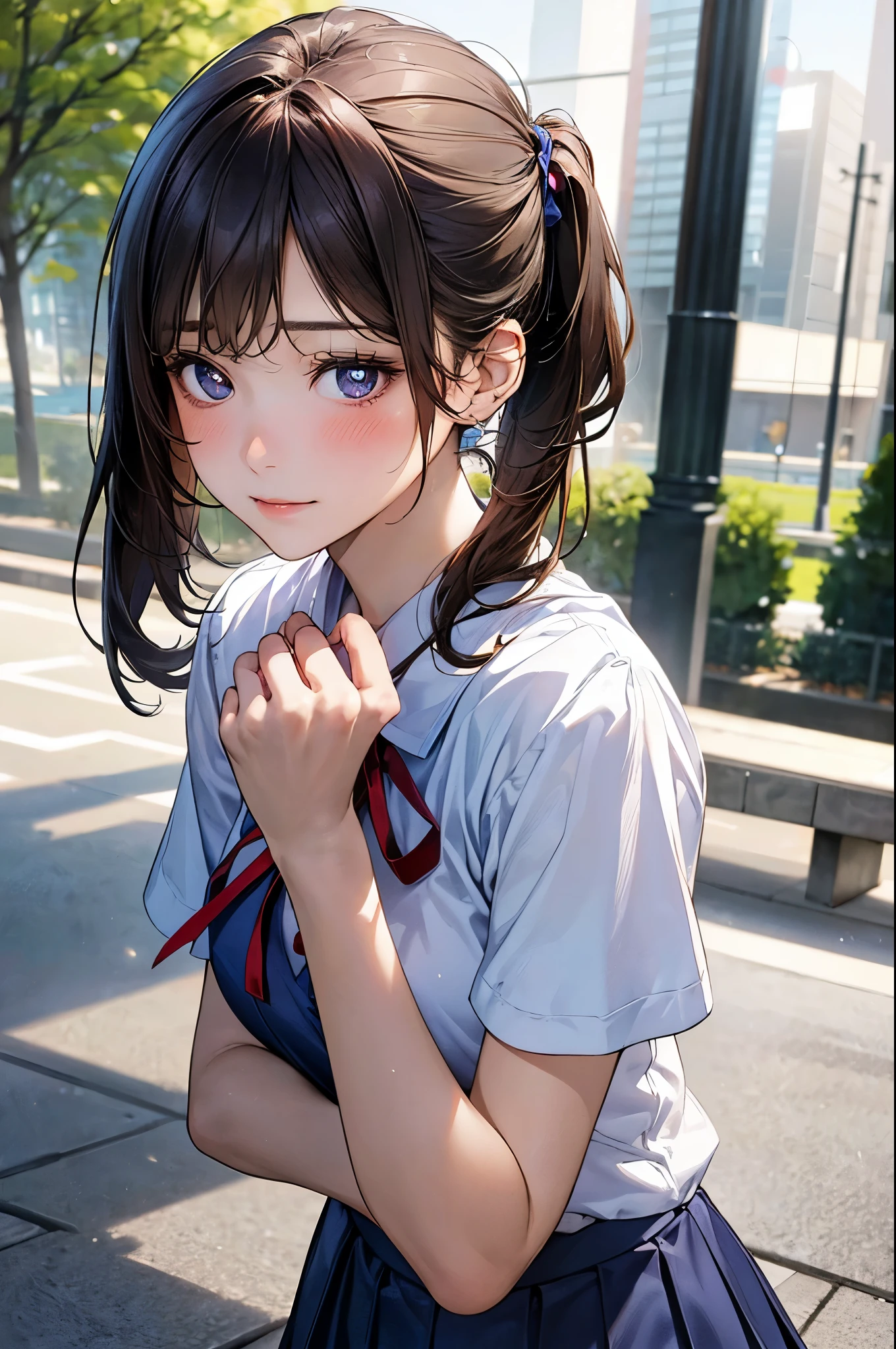 best quality,one girl,low twintails, school uniformcardigan,from side,looking up