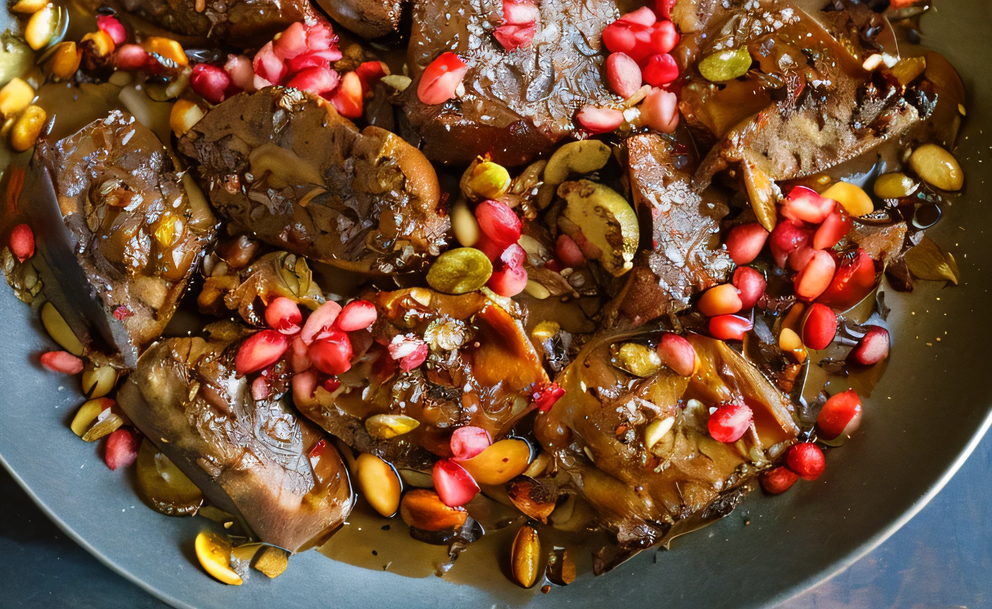 araffe with pomegranate and seeds in a pan on a stove, moroccan, 3 4 5 3 1, obsidian pomegranade, decadent, arabian, persian, genzoman, 3/4 view from below, yummy, very ornate, paisley, islamic, 1 4 8 0 s, version 3, yum, cover shot, mmmmm, pomegranade, homemade