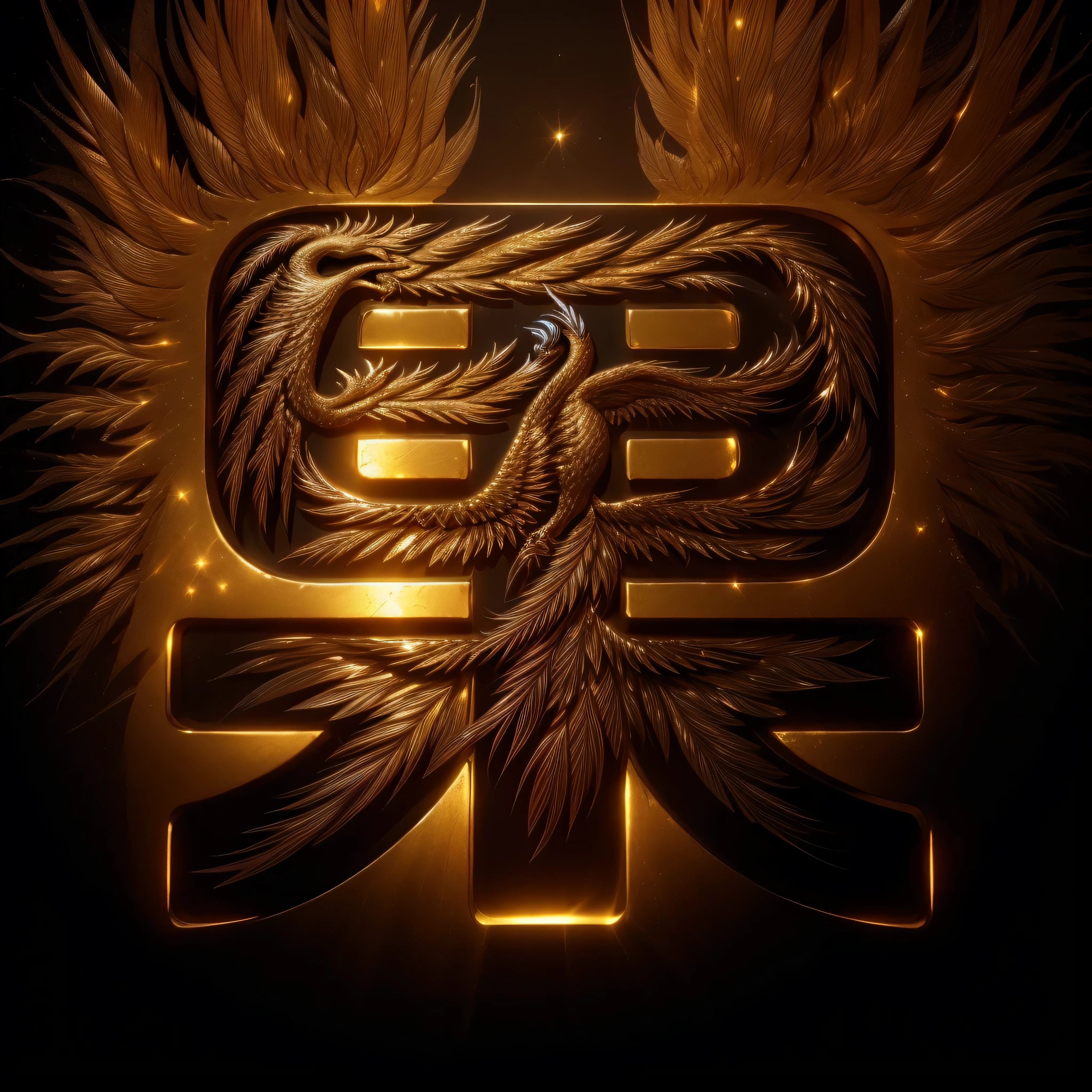 simple pure black background，masterpiece，best quality，super detailed，Shiny golden engraved phoenix pattern