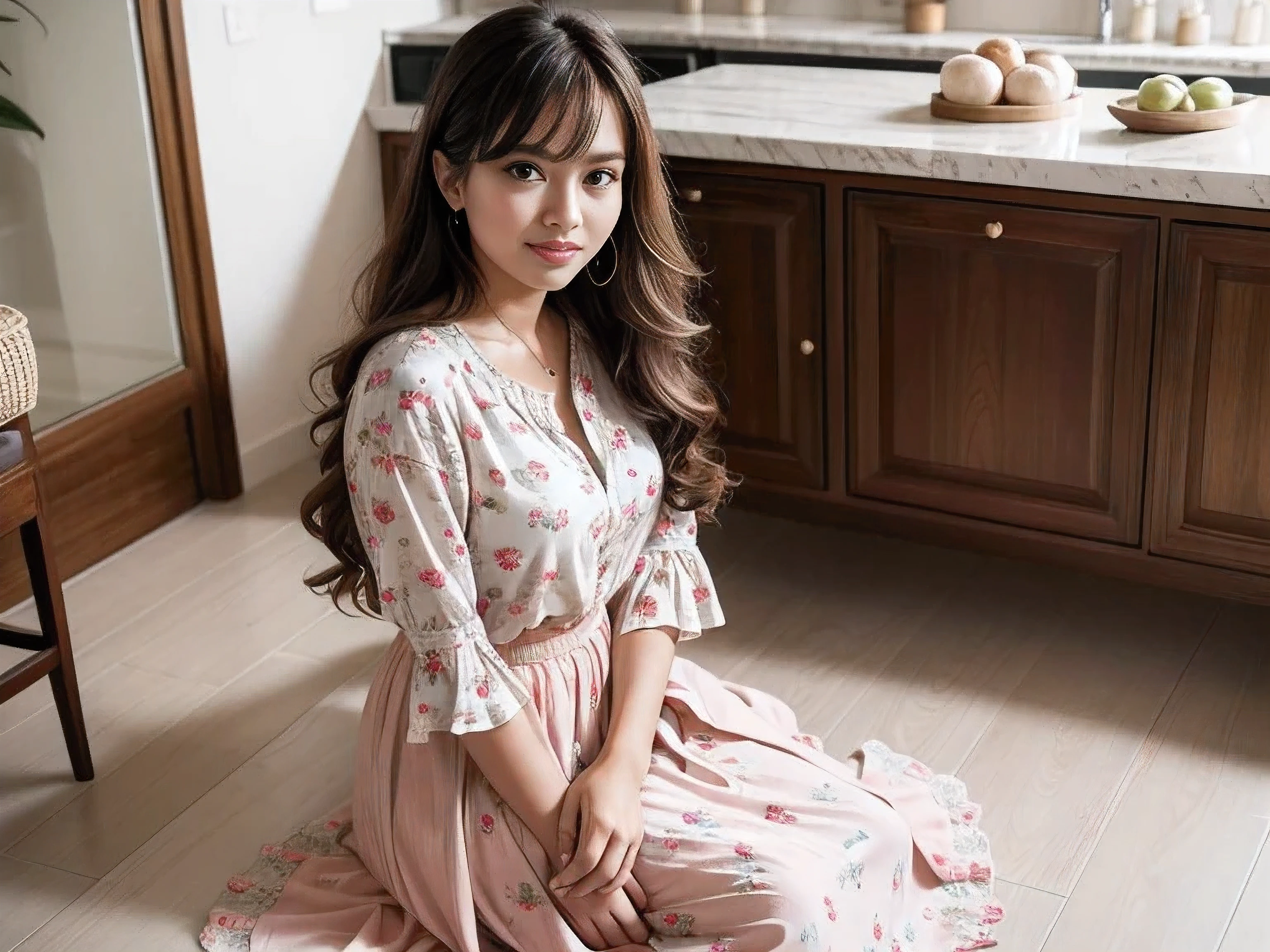 ( close up),raw, best quality, high resolution, masterpiece: 1.3, Wide-angle lens), beautiful malay woman,masterpiece, bangs and long curly hair, wavy long hair, perfect fit,beautiful big eyes, gentle smile, pretty face, Woman wearing floral skirt and blouse posing for photo, Feminine charm in cute pastel colors, feminine in pastel shades, wearing beautiful clothes, very beautiful style, Wearing a long flowing dress, very beautiful masterpiece, beautiful masterpiece, beautiful clothes, jungle gown , Excellent lighting, bright colors, Place: family kitchen, daytime, modern cabinets, modern furniture, Highlight newly renovated cabinets, clean lines