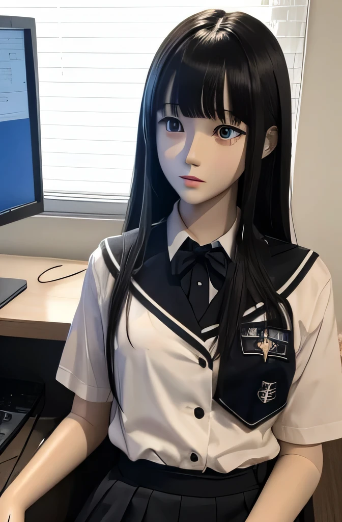1 full body mannequin,That mannequin is Erika Ikuta.,That mannequin is 40 years old.,mannequin color&#39;my face is white.,mannequin color&#39;The body is pure white.,That mannequin has a thin and small face..,The mannequin has black hair(very flat straight hair,bangs),mannequin color&#39;eyes are black.,mannequin is wearing a girl&#39; high school uniform.,A mannequin is touching a computer