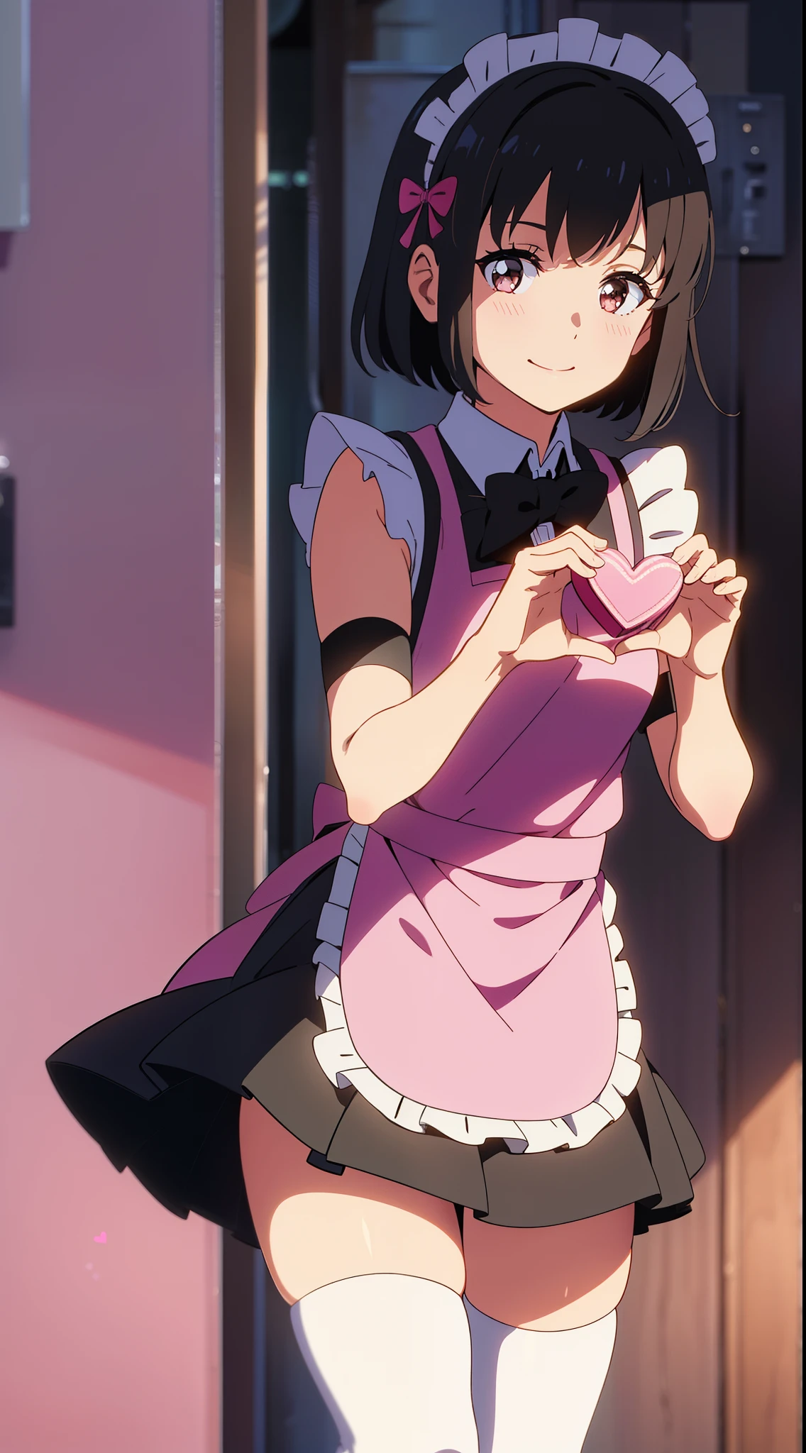 shinkai makoto, kimi no na wa., 1girl, bangs, black hair, blush, brown eyes, shiny skin, smile, cute, short hair, looking at the viewer, pink apron, bow, pink dress, frills, hair ornament, heart, heart hands, perfect hands, perfect fingers, maid, maid apron, maid headdress, Off-the-shoulders, short dress, solo, thighhighs, white thighhighs, valentine background