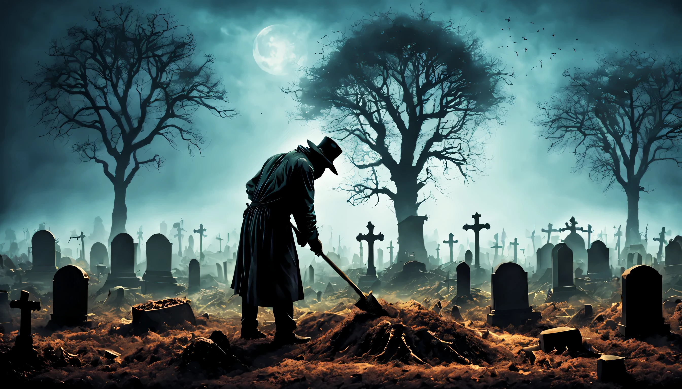 gravedigger digging a grave in a dark cemetery with macabre trees on an ominous night