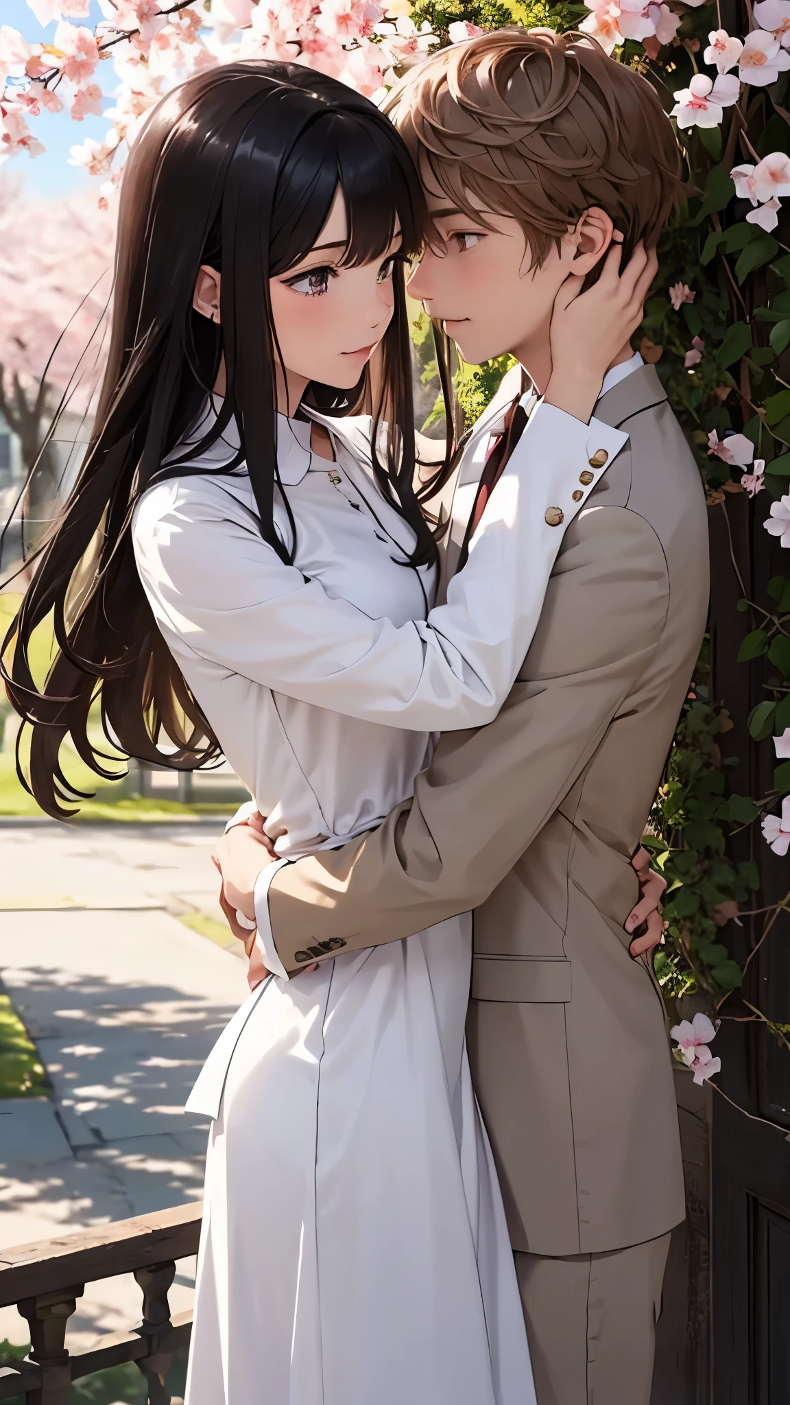 Generate a masterpiece anime boy, brown spiky hair, brown shiny eyes, white suit. Anime girl, long black hair, two brown shiny eyes, beautiful long white dress. Boy hugging girl from behind, his placed his head on her shoulders exact next to her neck. Girl placing her one hand on his face, so many cherry blossom trees, cherry leaves felling down on them like blessing, romantic environment, best quality 