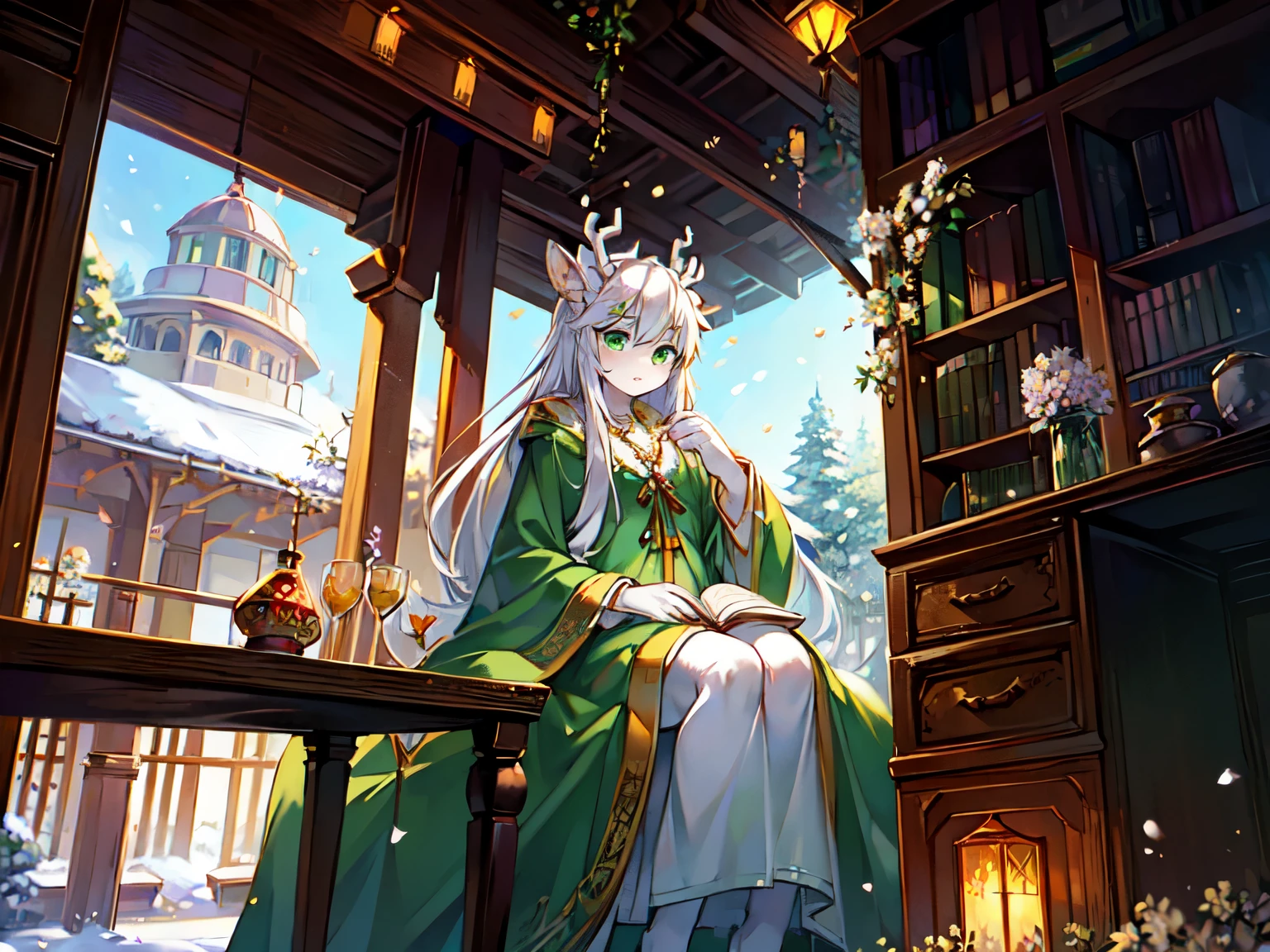a white deer,green eyes,antlers,Green robe,orange tree,The trees are full of oranges,plum tree,Long white hair,Green robe,Gold decoration,pavilion,Snow,flowers blooming on the roof,beautiful flower,book,bookcase,White petals