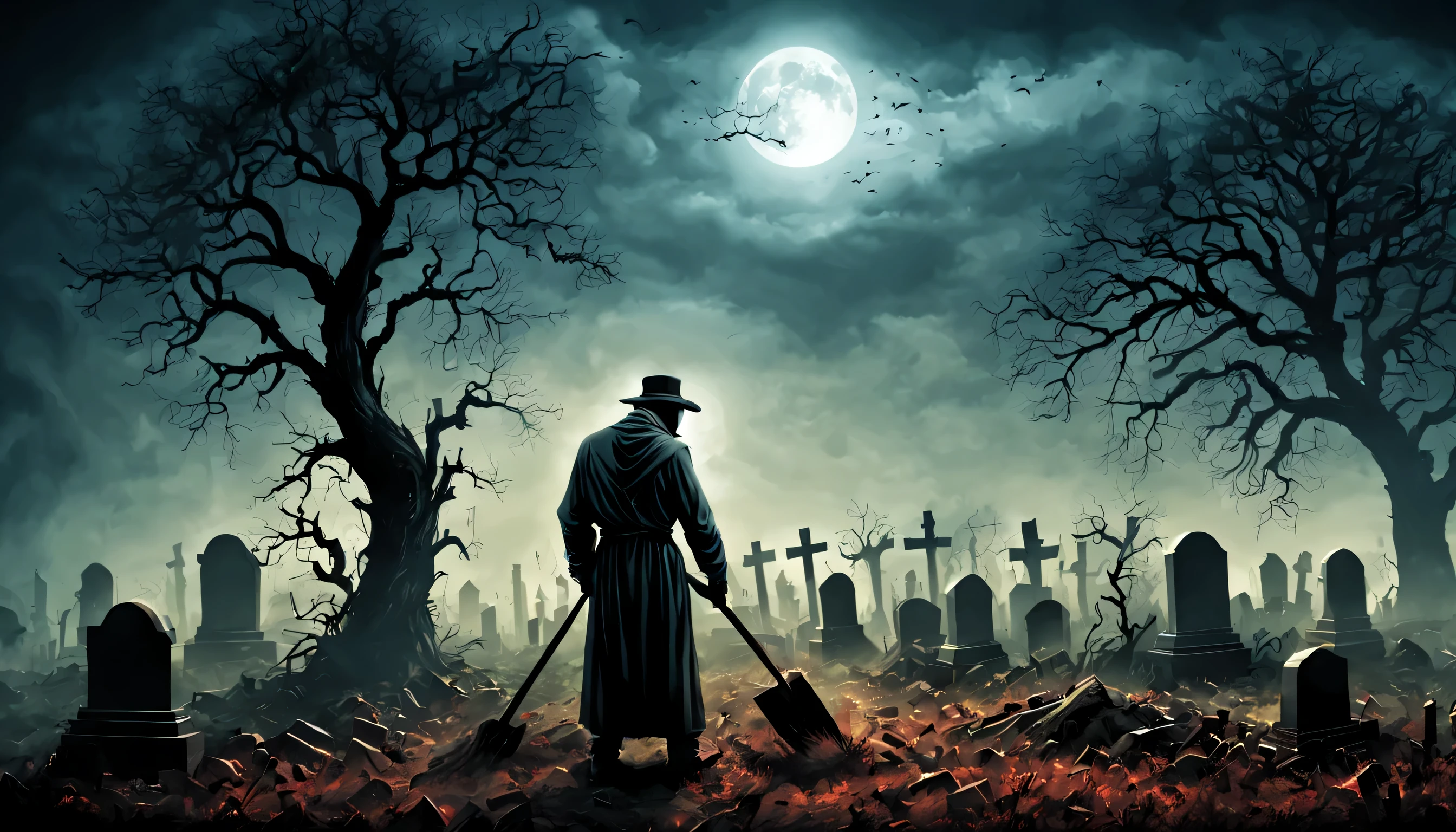 gravedigger digging a grave in a dark cemetery with macabre trees on an ominous night
