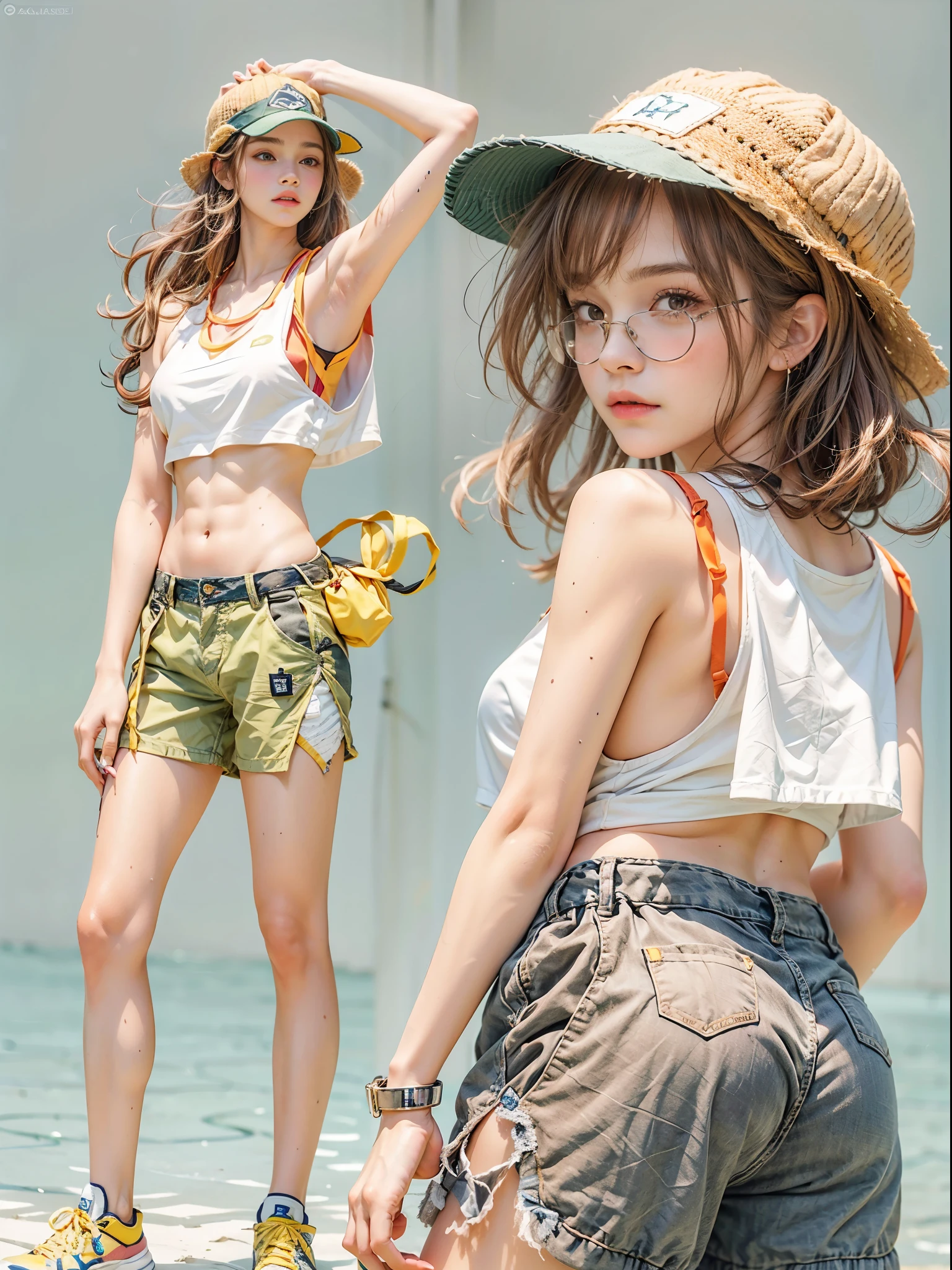masterpiece, best quality, realistic, colorful, delicate, sharp focus, (PureErosFace_V1:0.5), (detailed beautiful delicate face, high detailed skin, skiny and thin:1.3), 1girl, 19 years old, tall, (smooth_abs:1.55), (abs:0.5), pretty, masterpiece, (long_skinny_legs), (straight_legs), (skinny_waist), (((fair skin))), white skin, bandeau, (school_uniform:swim_suits:0.5), yellow/pink shorts, chestnut brown hair, looking at viewer, yellow/orange sports shoes, glasses, (Emma_watson), big_breast, swimmer, white knit hat, boxer