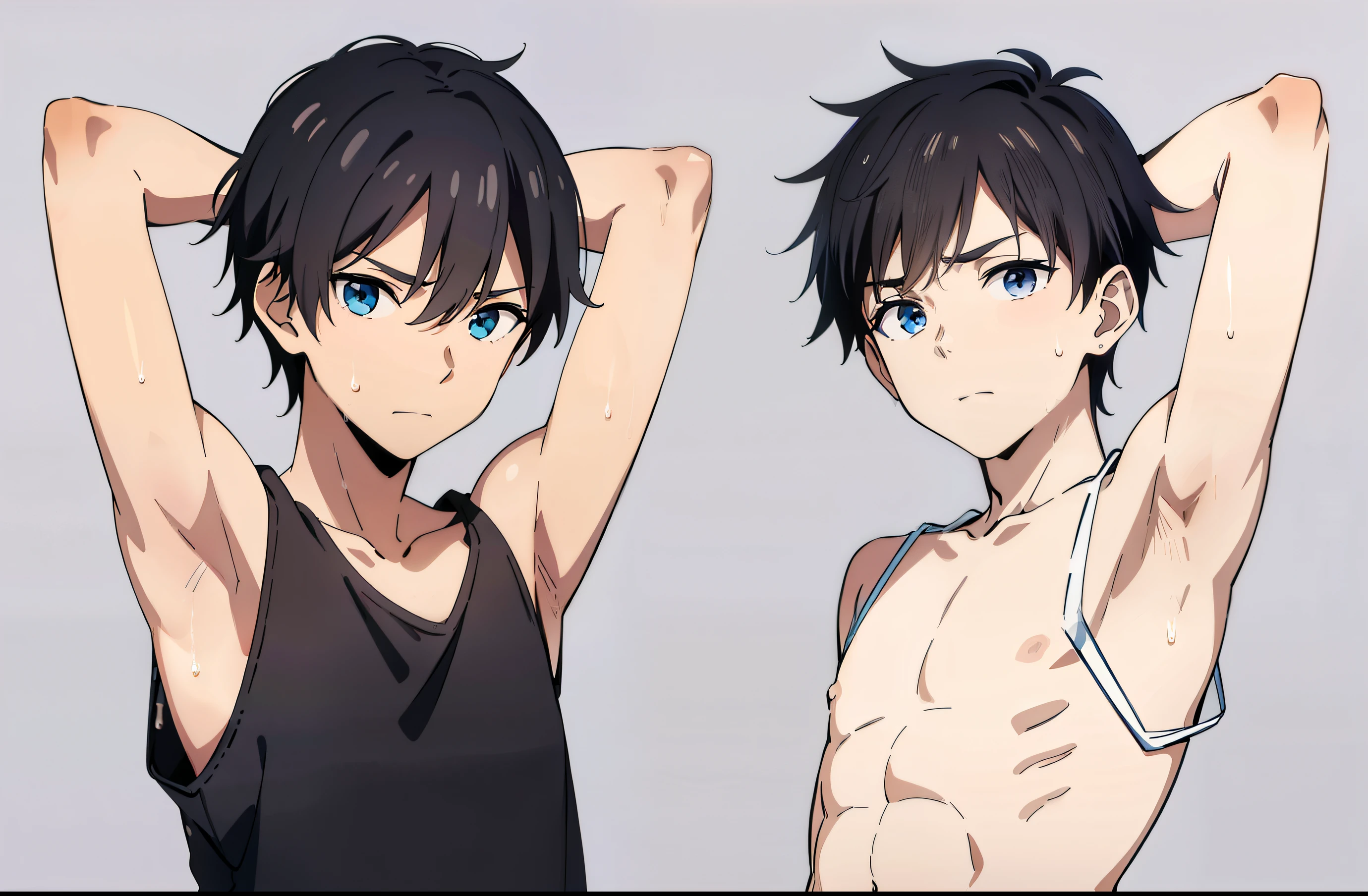 Highres, Masterpiece, Best quality at best,Best Quality,hight quality, hight detailed, (2boys), Shota, Photo of the torso, There are only two people, Group photo, Sleeveless hoodies, Slim body, (Showing armpit:1.3), (very young boy), (very small and short body), Look like , 12-Yr-Ooys, aighir, Sweat, Simple beckground
