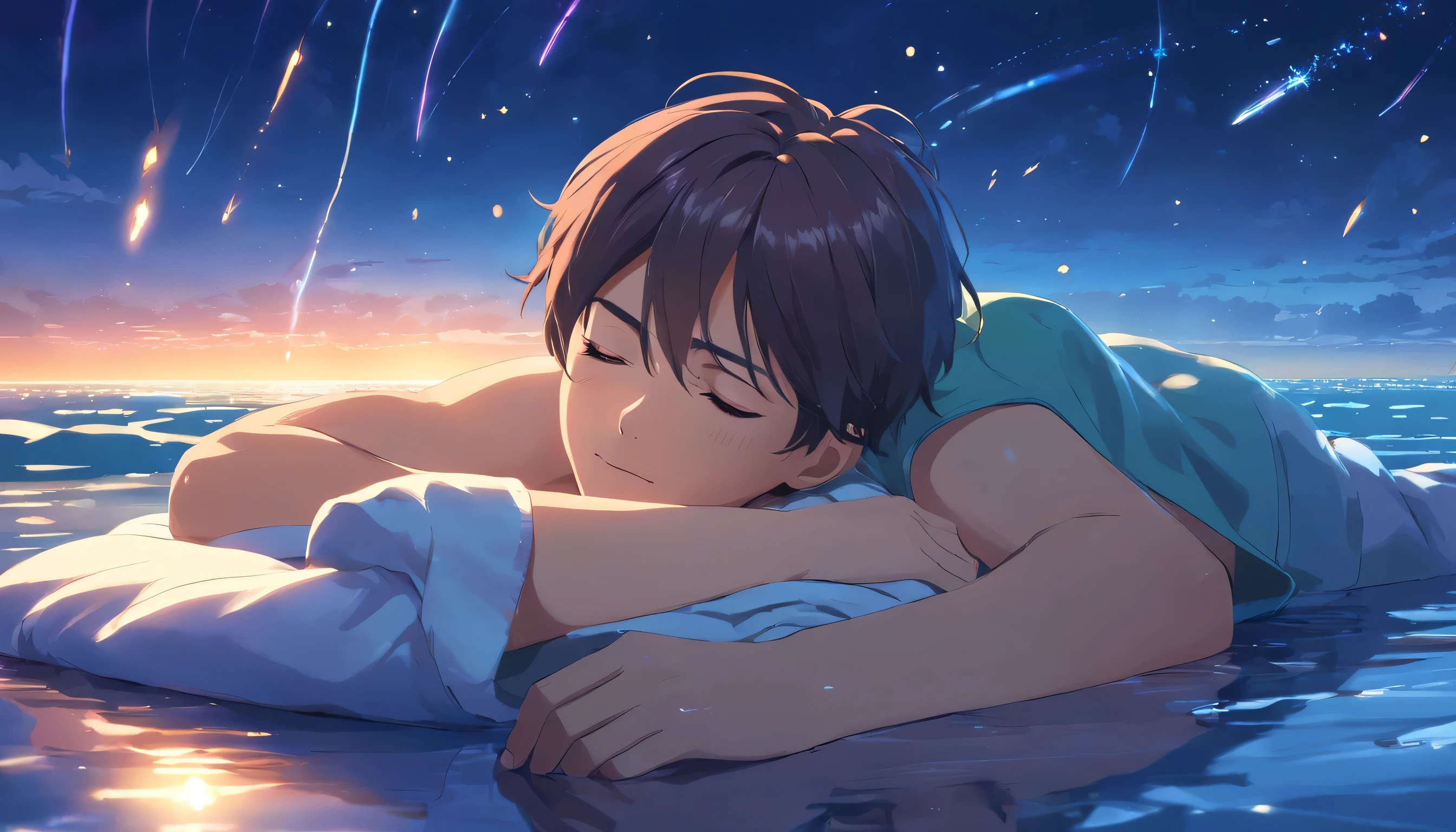 ((masterpiece,best quality)), 1male, solo, adult, handsome, beautiful detailed face, sleeping on water, lying down, closed eyes, pajamas, blanket, pillow, relaxing expression, night sky, shooting stars, fireflies