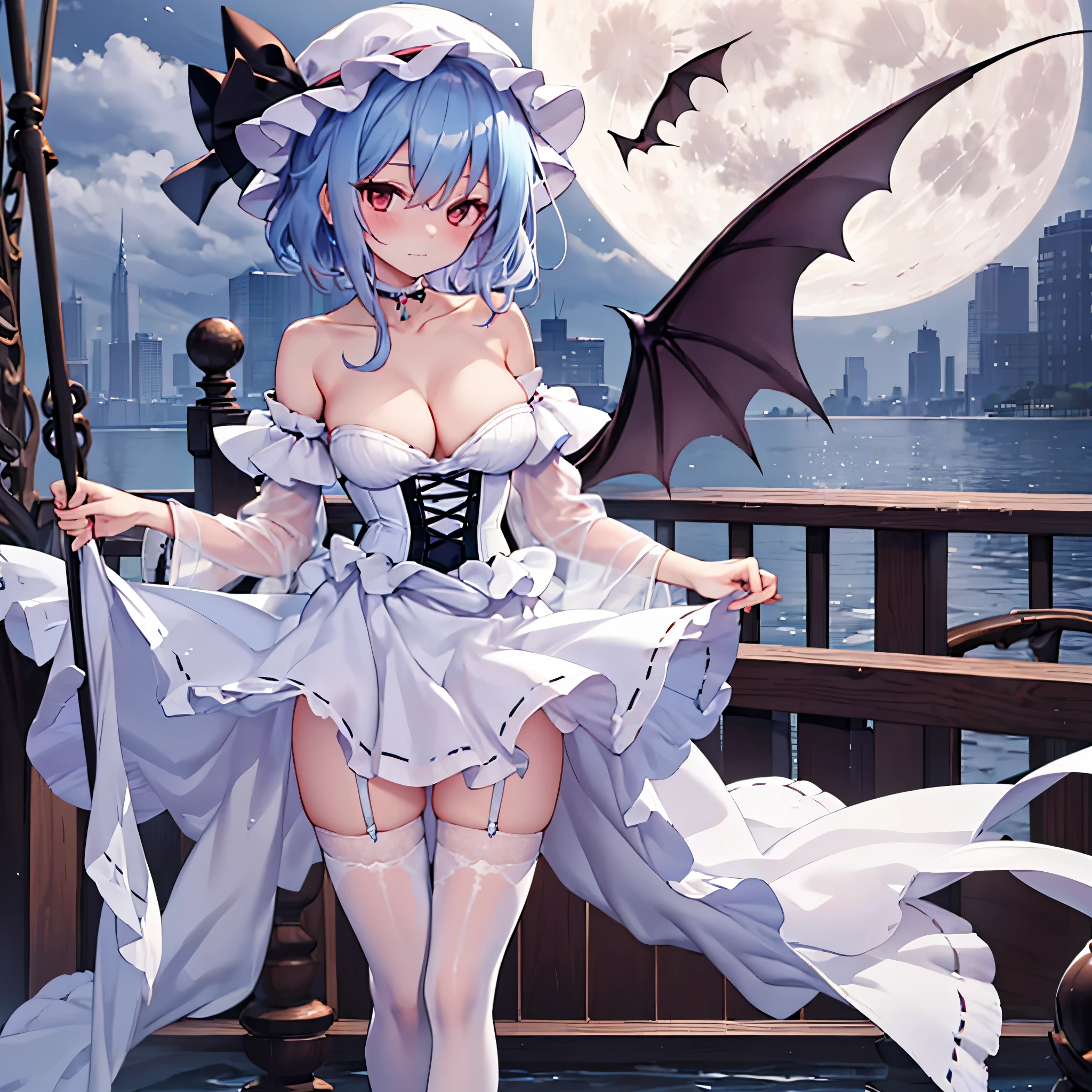 Remilia toho character, (solo), (standing on deck of mansion:1.1), full moon, BREAK, collarbone, large perky breasts, cleavage, (inconceivably thin waist), (very short thin torso), very long thin legs, thigh gap, BREAK, white dress with (plunging neckline), (brown wiry corset cinches waist too tight:1.3), too short white miniskirt, (light blue thighhighs), BREAK, nose blush