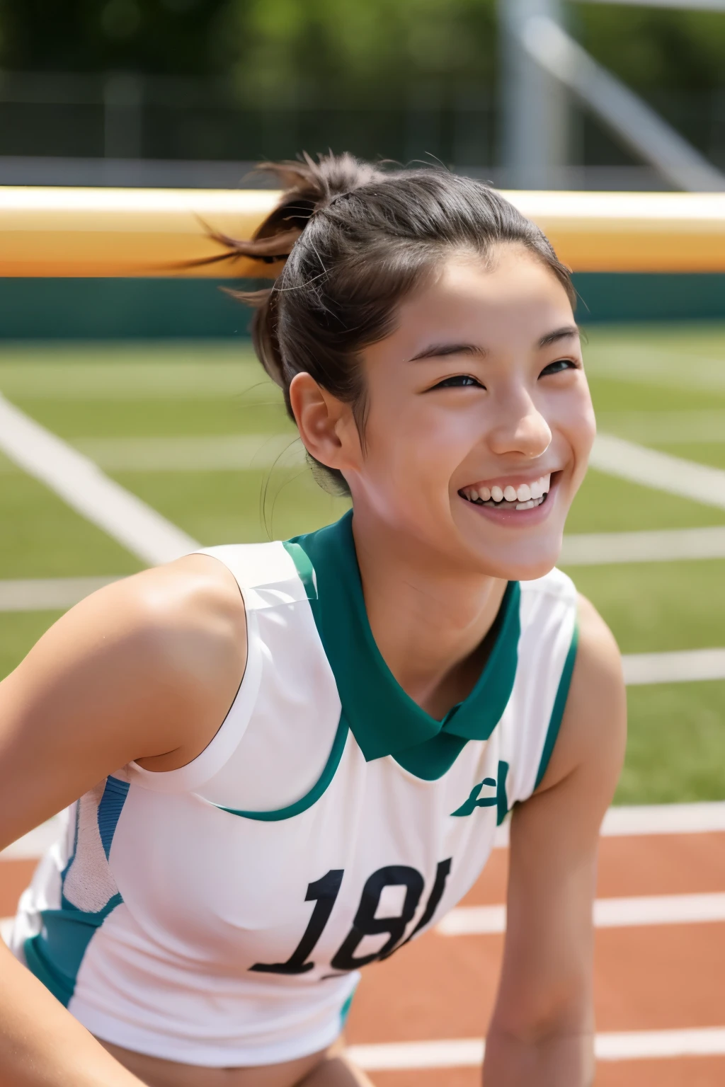 nsfw ,japanese,slender,smile,athletics track field,tan lines