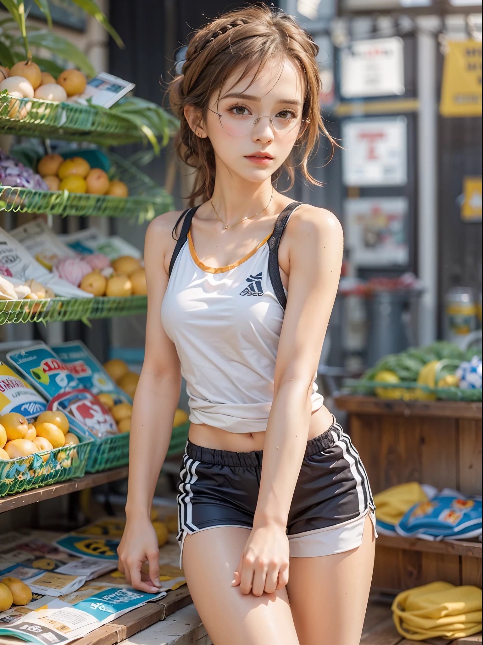masterpiece, best quality, realistic, colorful, delicate, sharp focus, (PureErosFace_V1:0.5), (detailed beautiful delicate face, high detailed skin, skiny and thin:1.3), 1girl, 19 years old, tall, (smooth_abs:1.55), (abs:0.5), pretty, masterpiece, (long_skinny_legs), (straight_legs), (skinny_waist), (((fair skin))), white skin, bandeau, (school_uniform:swim_suits:0.5), yellow/pink shorts, chestnut brown hair, looking at viewer, yellow/orange sports shoes, glasses, (Emma_watson), big_breast, swimmer, white knit hat, boxer