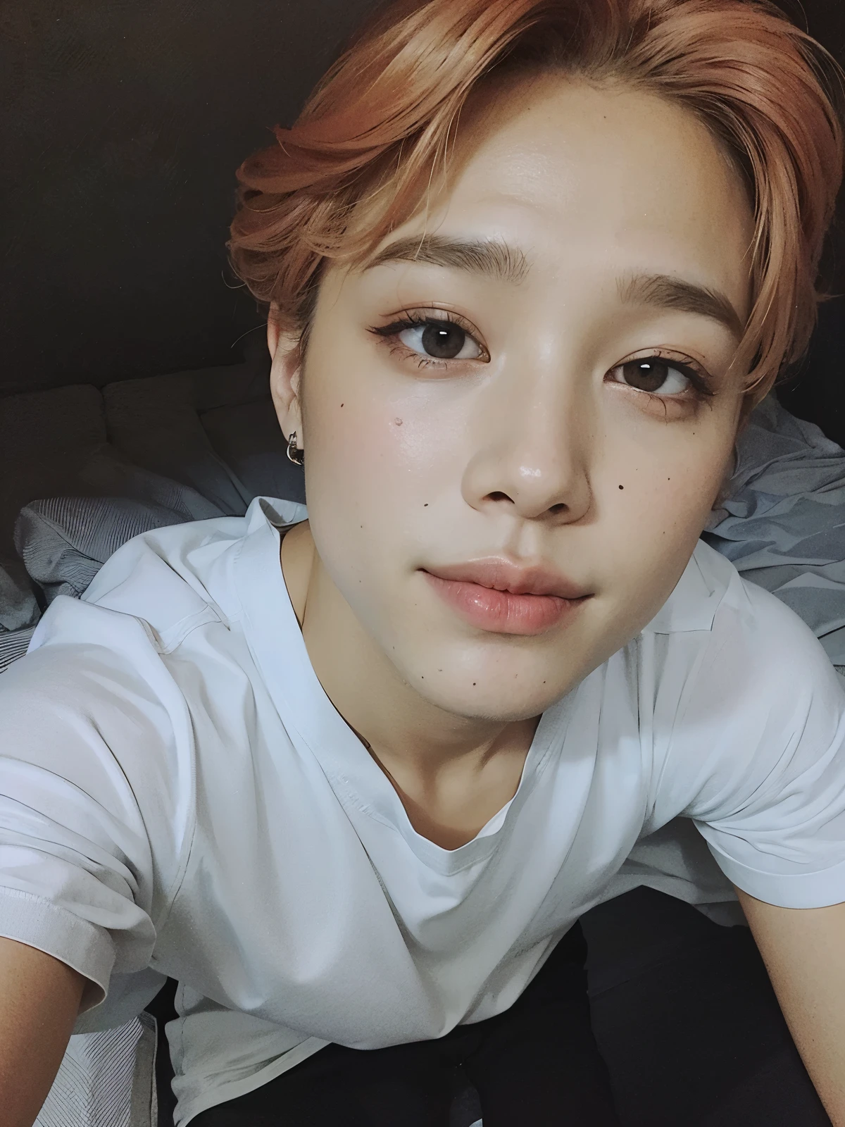 tem um homem ruiva e camisa branca, Jimin\the right eyelid is swollen, Jimin\o nariz grego, Jimin\the full lips, park Jimin, accurate Jimin face, Jimin, BTS, Jimin do BTS, Jimin Park, adorable and pale korean face, handsome androgynous prince, jimin, garoto jovem, 25 anos de idade 