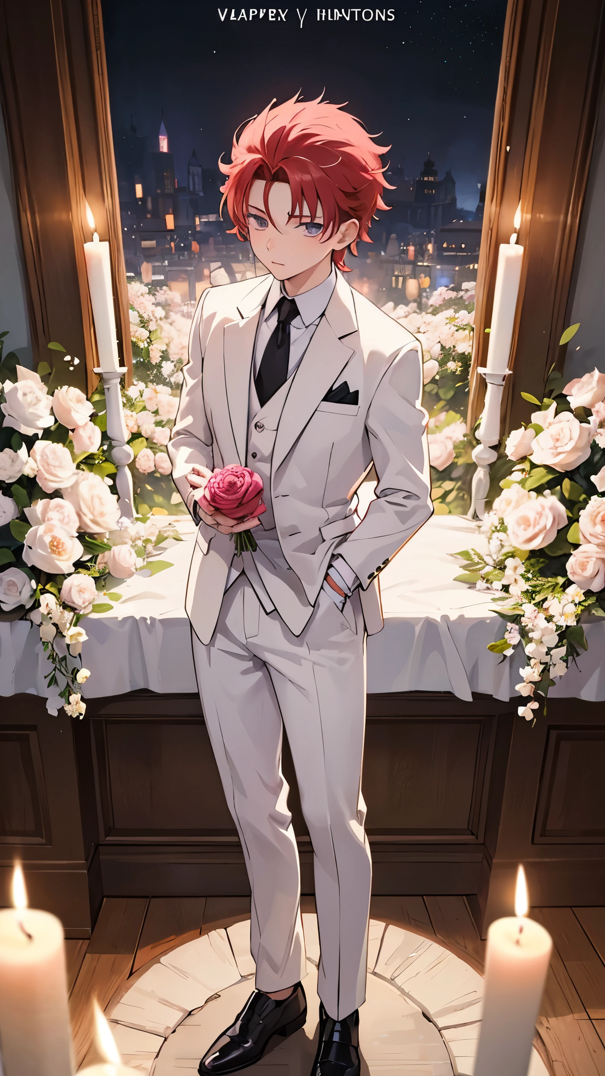 Generate a masterpiece valentine's day theme, solo anime character Hisoka Morrow from Hunter x Hunter anime series,  wearing a white suit, standing pose, white flowers in hand, looking at viewers, in full romantic mode, a beautiful pink heart in background, so many candles surrounding, full romantic environment, best quality 