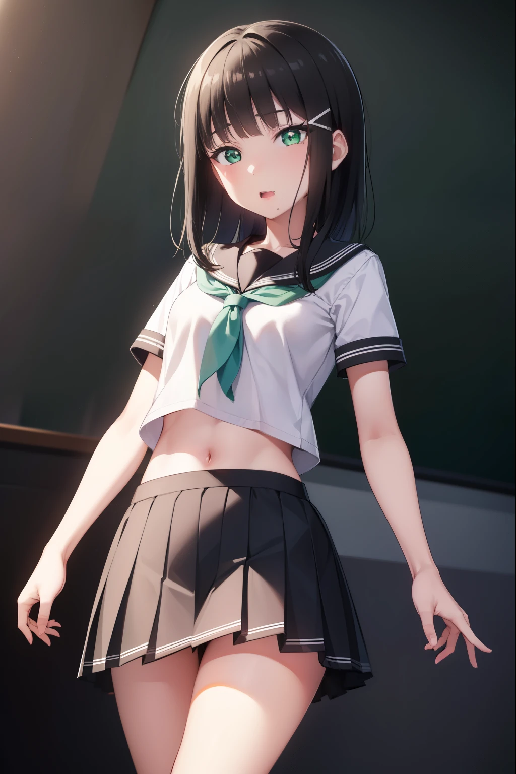 Diakrosawa, dia kurosawa, black hair, (green eyes:1.5), dull bangs, grey skirt, hair ornaments, hair clip, mole, mole under mouth, (small breasts:1.2),
break grey skirt, midriff peak, pleated skirt, school uniform, serafuku, short sleeve, skirt, uranohoshi school uniform,
break looking at viewer,
break indoors, classroom,
break (masterpiece:1.2), highest quality, High resolution, unity 8k wallpaper, (figure:0.8), (beautiful and fine eyes:1.6), highly detailed face, perfect lighting, Very detailed CG, (perfect hands, perfect anatomy),