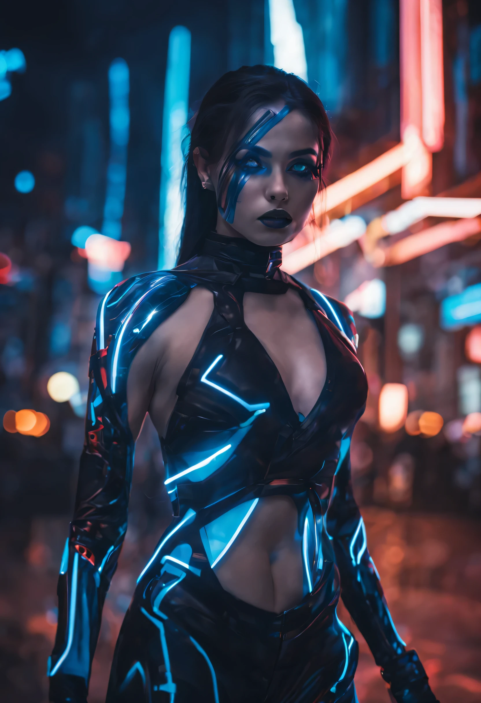 best quality,4k,8k,highres,masterpiece:1.2,ultra-detailed,realistic:1.37,physically-based rendering,professional,vivid colors,studio lighting,sharp focus,bokeh,portraits,photography,concept artists,blue tone lighting,long smooth hair,electroluminescent lines,cyberpunk neon signs,reflective surfaces,glowing eyes,cyberpunk fashion,cyberpunk makeup,emitting light,subtle shadows,complex background,cityscape,glowing holograms,futuristic atmosphere,tron girl costume,reflective tape,bodypaint cosplayer,expressive face,dynamic pose,fierce expression,captivating gaze,detailed fingers and nails,digital effects,neon glow,fluid movements,confident stance,interesting angles,striking visual,mesmerizing presence,brilliant colors,high-tech setting,techie accessories,impressive visuals