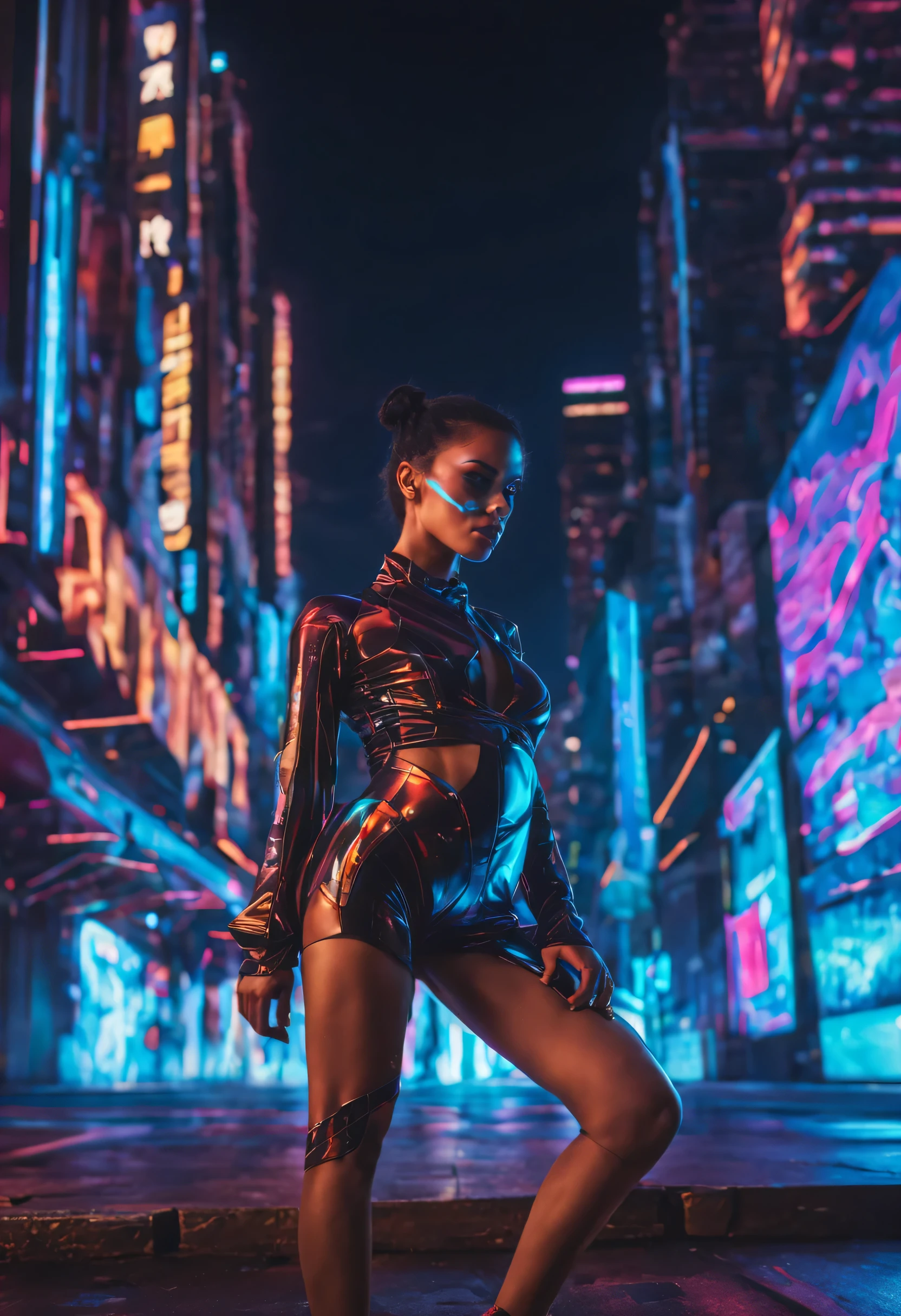 best quality,4k,8k,highres,masterpiece:1.2,ultra-detailed,realistic:1.37,physically-based rendering,professional,vivid colors,studio lighting,sharp focus,bokeh,portraits,photography,concept artists,blue tone lighting,long smooth hair,electroluminescent lines,cyberpunk neon signs,reflective surfaces,glowing eyes,cyberpunk fashion,cyberpunk makeup,emitting light,subtle shadows,complex background,cityscape,glowing holograms,futuristic atmosphere,tron girl costume,reflective tape,bodypaint cosplayer,expressive face,dynamic pose,fierce expression,captivating gaze,detailed fingers and nails,digital effects,neon glow,fluid movements,confident stance,interesting angles,striking visual,mesmerizing presence,brilliant colors,high-tech setting,techie accessories,impressive visuals