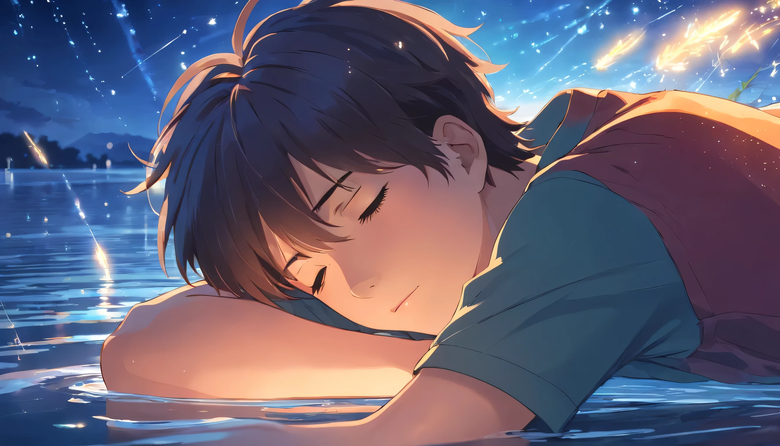 ((masterpiece,best quality)), 1male, solo, adult, handsome, beautiful detailed face, sleeping on water, lying down, closed eyes, pajamas, blanket, pillow, relaxing expression, night sky, shooting stars, fireflies