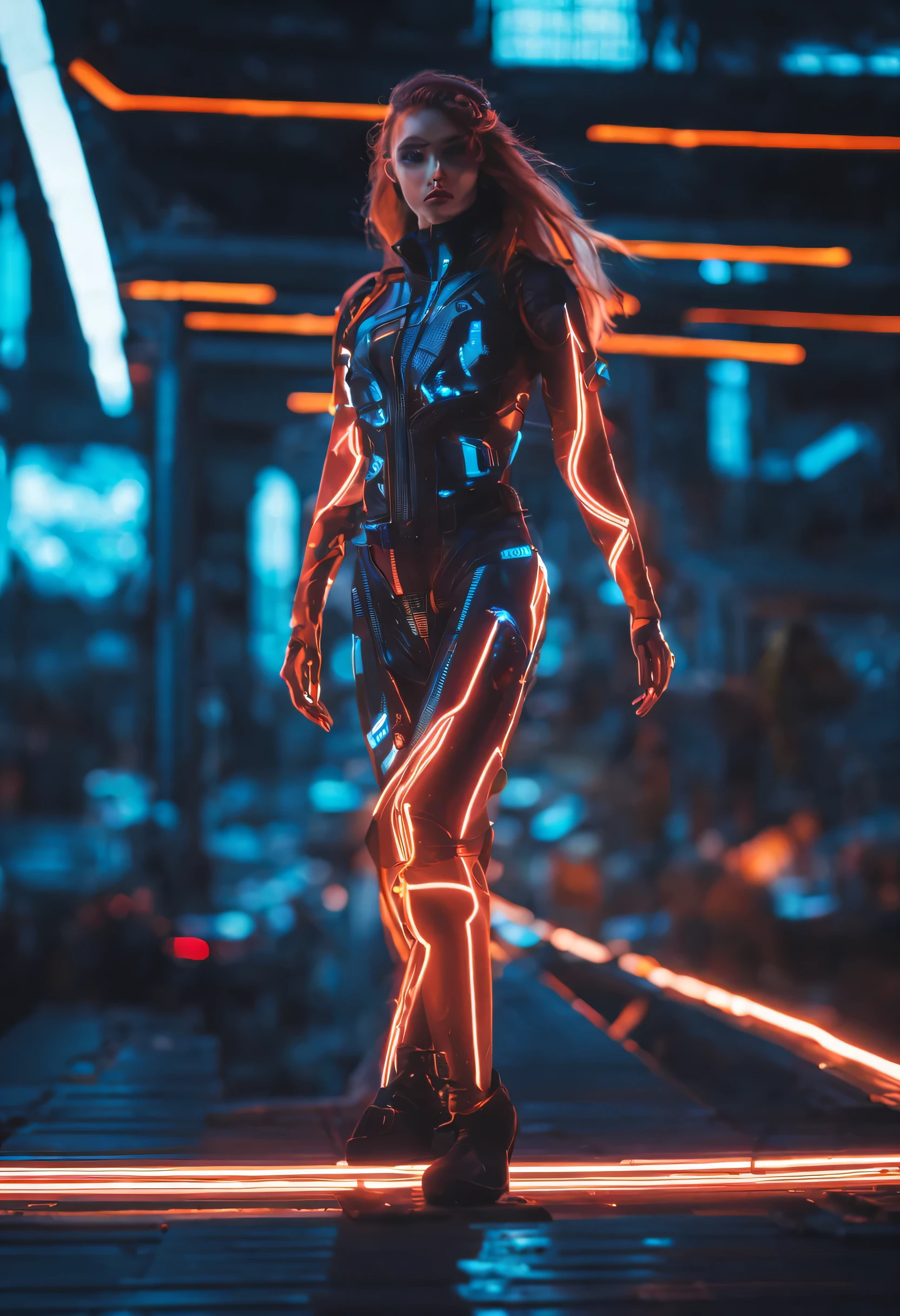 best quality,4k,8k,highres,masterpiece:1.2,ultra-detailed,realistic:1.37,physically-based rendering,professional,vivid colors,studio lighting,sharp focus,bokeh,portraits,photography,concept artists,blue tone lighting,long smooth hair,electroluminescent lines,cyberpunk neon signs,reflective surfaces,glowing eyes,cyberpunk fashion,cyberpunk makeup,emitting light,subtle shadows,complex background,cityscape,glowing holograms,futuristic atmosphere,tron girl costume,reflective tape,bodypaint cosplayer,expressive face,dynamic pose,fierce expression,captivating gaze,detailed fingers and nails,digital effects,neon glow,fluid movements,confident stance,interesting angles,striking visual,mesmerizing presence,brilliant colors,high-tech setting,techie accessories,impressive visuals
