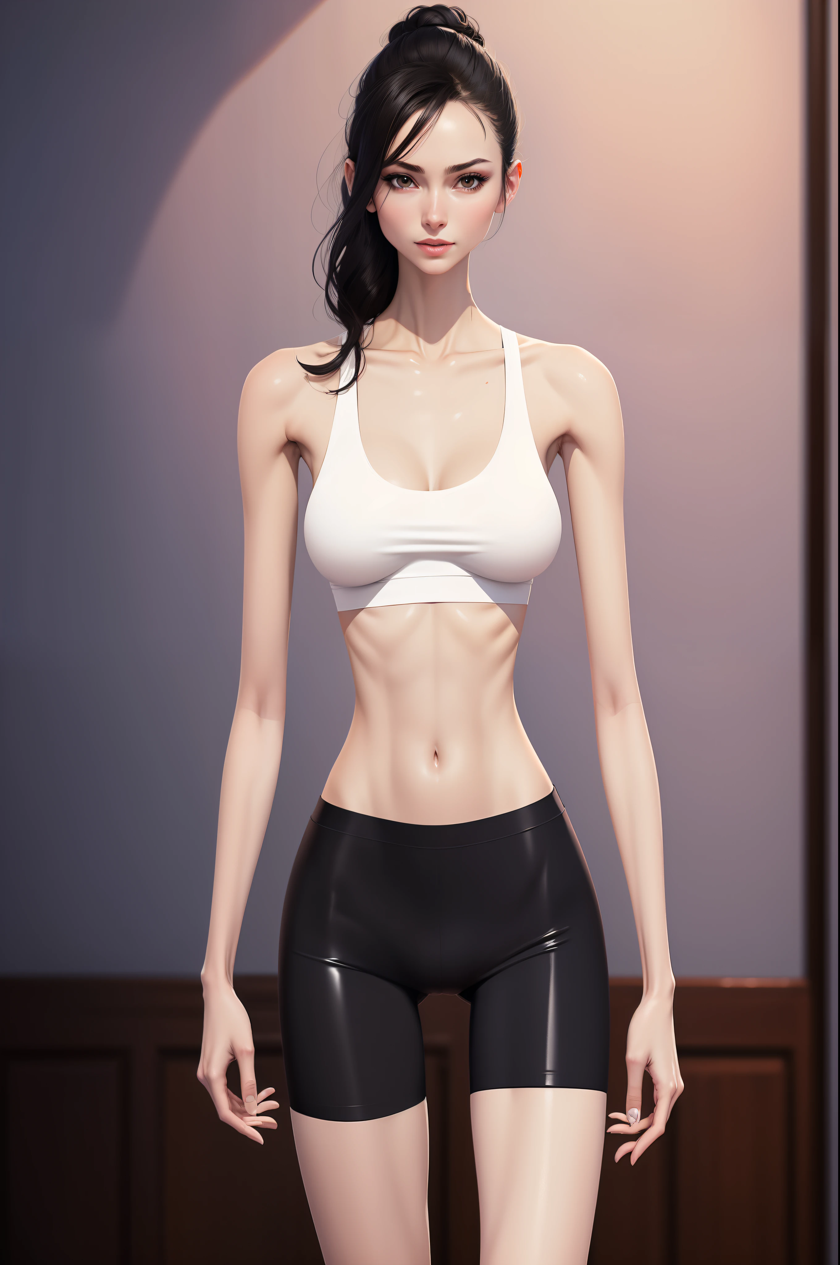 solo, 1girl, (masterpiece), ((16 year old appearance)), short hair, mohalk punk hair, small breasts, yellow eyes, ((detailed eyes)), (athletic body), (simple black cropped), Black top with red details, Looking at the screen, orange lipstick, visible abs, small mini skirt, navel, (collarbone), (dark forest scenery background)