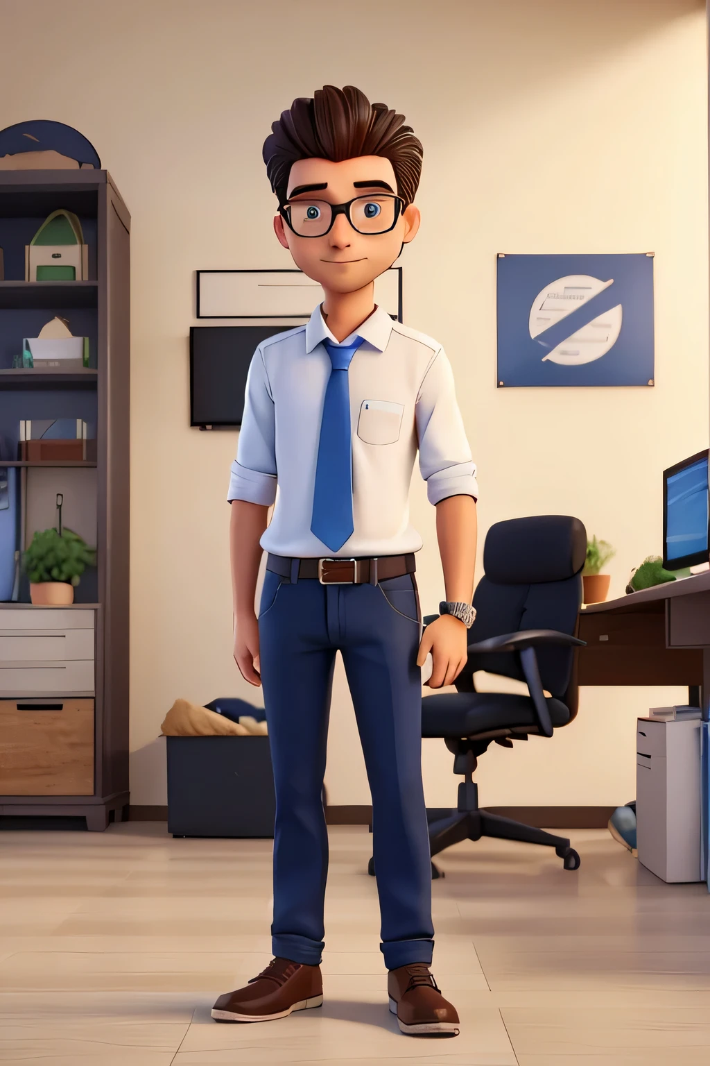 Use your experience to create a 3D illustration of a character named Lipe. Lipe is a 25 year old young man, com cabelos loiros e olhos azuis penetrantes. Ele possui uma altura de 1,80 m and an elegant appearance. Lip no&#39;doesn&#39;t wear a beard and doesn&#39;t&#39;I don't wear glasses.

As Information Technology Manager, Lipe is portrayed as a modern and confident professional. He is known for his proactive approach and leadership skills in the IT team... His personality is marked by the ability to solve problems efficiently and by his commitment to excellence in his area of expertise...

Em termos de vestimenta, Lipe dresses in an elegant and contemporary way. Ele prefere usar camisas manga longa de qualidade, combinado com jeans bem cortados. Your shoes are chosen carefully, reflecting your taste for elegant and comfortable footwear. Lipe is in his work environment, in the company meeting room. He is standing, confiante, with your hands in your pants pockets, demonstrando uma postura segura e assertiva. His gaze is focused and determined, conveying your dedication to work and your leadership in the IT team.