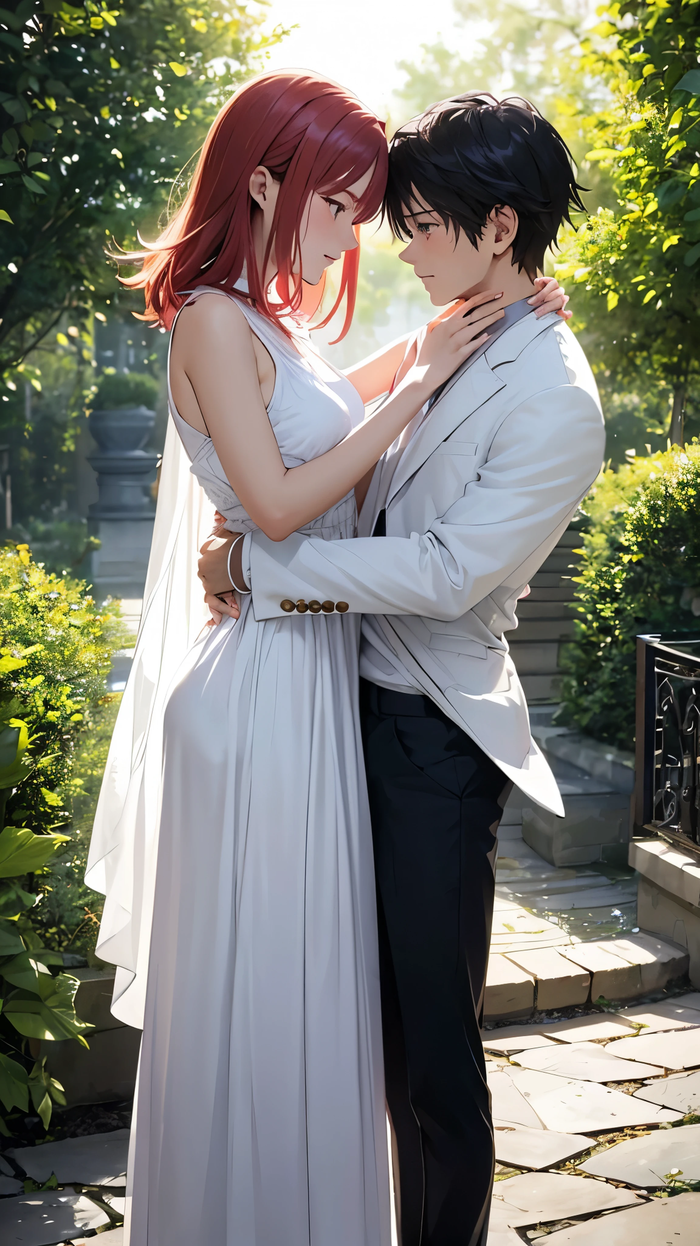 Generate a masterpiece Hisoka Morrow from HunterxHunter anime series, wearing a white suit. Machi from HunterxHunter anime series, in a white long dress, holding each other's close,looking at each other's eyes, Hisoka warping his hands on her waist, Machi warping her hands around his neck, valentine's day theme, romantic environment, a beautiful garden in background, best quality