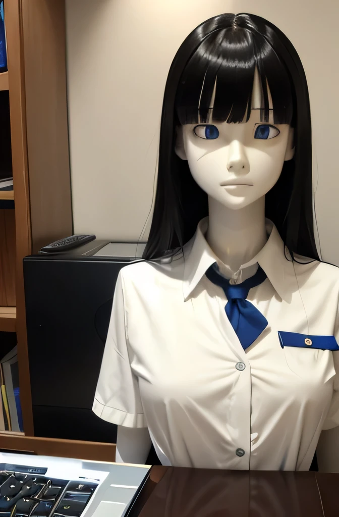 1 full body mannequin,That mannequin is Erika Ikuta.,That mannequin is 40 years old.,mannequin color&#39;my face is white.,mannequin color&#39;The body is pure white.,That mannequin has a thin and small face..,The mannequin has black hair(very flat straight hair,bangs),mannequin is wearing a girl&#39; high school uniform.,The mannequin is typing on a computer keyboard with both hands.