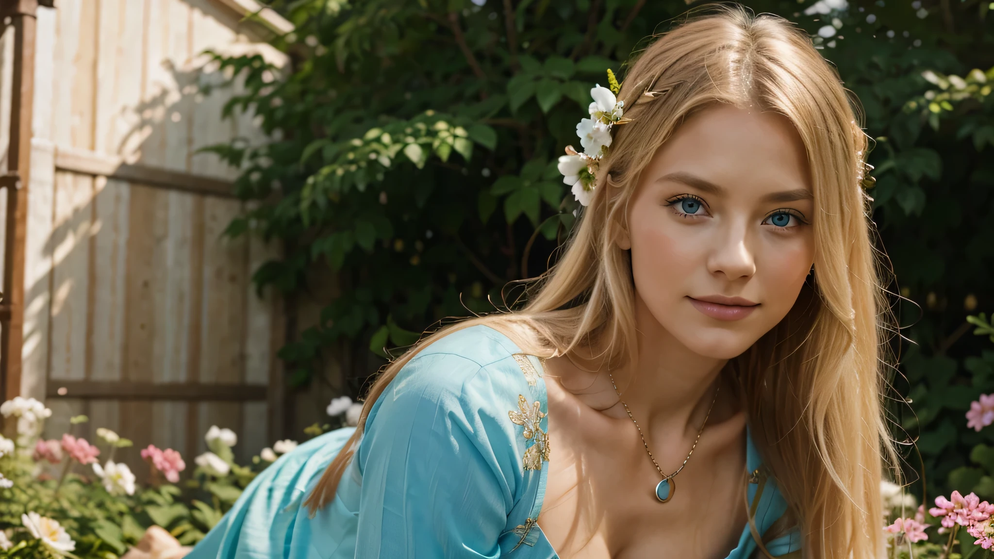 Freya, Goddess of Norse mythology。A peerless beauty that everyone recognizes。long bright blonde shiny hair。Beautiful clear blue eyes。Graceful and beautiful woman。gentle smile。jewelry necklace。In a beautiful flower garden