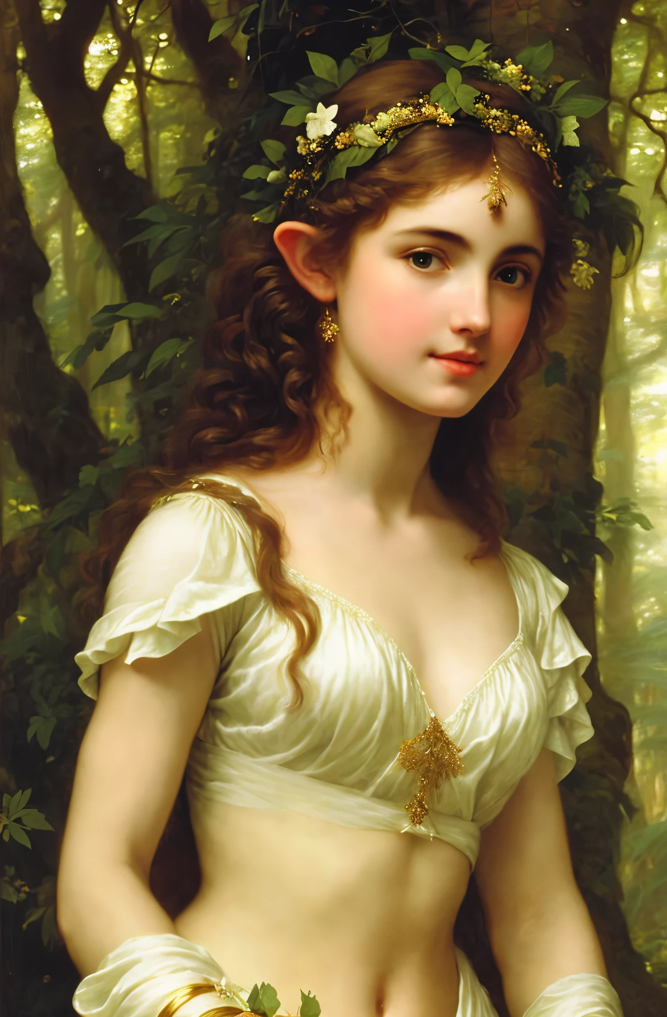 Greek Goddess linen clothes, An elf in a vegetative forest in John William Waterhouse style, by Peter Paul Rubens, featuring lush detailing, distinctive noses, and traditional oceanic art in high detail, close-up, light gold, and green, best quality, masterpiece,sfw