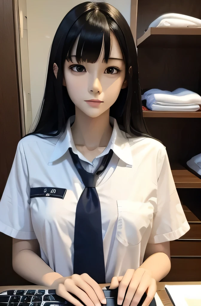 1 full body mannequin,That mannequin is Erika Ikuta.,That mannequin is 40 years old.,mannequin color&#39;my face is white.,mannequin color&#39;The body is pure white.,That mannequin has a thin and small face..,The mannequin has black hair(very flat straight hair,bangs),mannequin is wearing a girl&#39; high school uniform.,The mannequin is touching the computer keyboard with both hands.